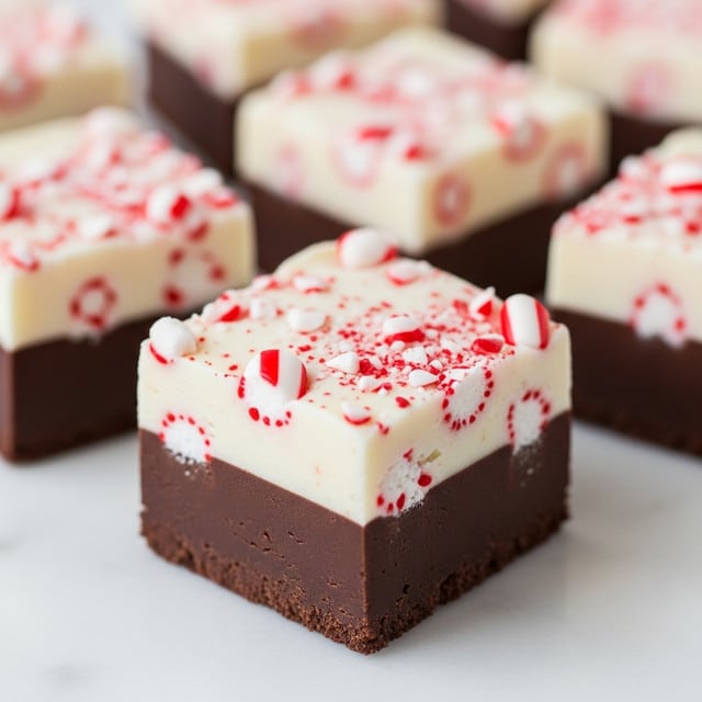 The image shows square peppermint fudge pieces with two clear layers: a thick dark chocolate brown base layer and a creamy white top layer with red peppermint bits sprinkled throughout and small candy cane pieces embedded on top. Each square is smooth on the bottom and textured slightly with the peppermint on the white layer. The fudge pieces sit on a white marbled surface with more fudge blocks blurred in the background. Photo taken with an iphone --ar 4:5 --v 7