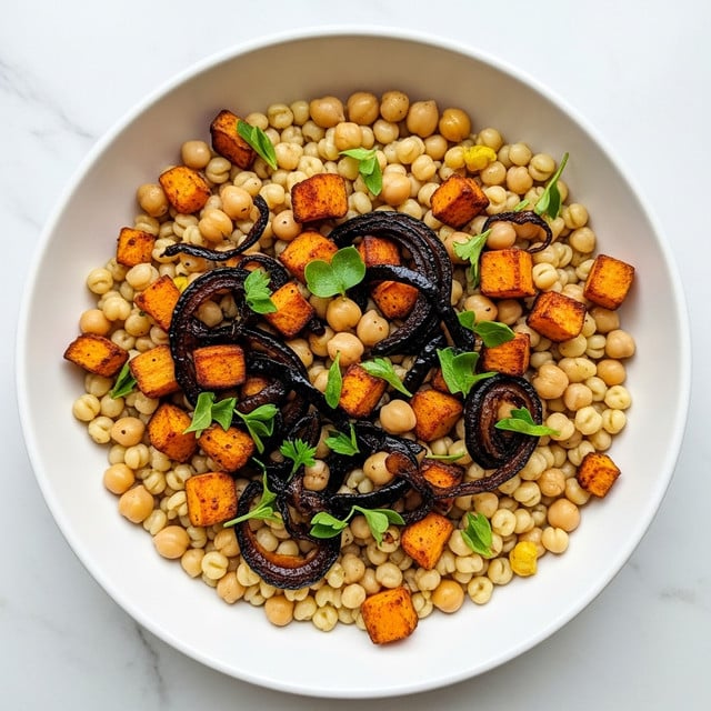 A close-up view of a white bowl filled with a colorful couscous salad. The first layer is small, round, off-white couscous pearls spread throughout. Mixed evenly are yellow chickpeas, soft orange cubed butternut squash pieces, and green pumpkin seeds. Scattered roasted onion pieces with caramelized brown edges and slices of cooked mushroom add texture and color on top. Small green parsley bits are sprinkled all over for freshness. A few coriander seeds are visible, adding a touch of brown detail. The bowl sits on a white marbled surface. photo taken with an iphone --ar 4:5 --v 7