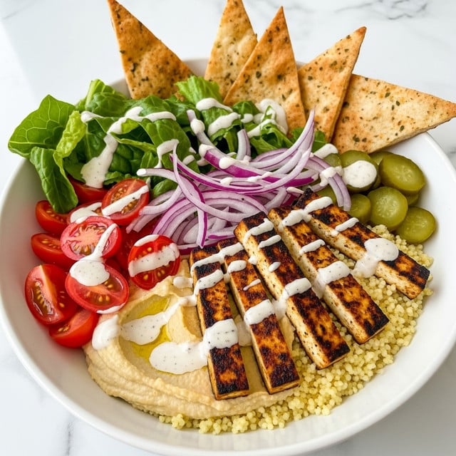 A white bowl holds a colorful falafel plate with multiple layers. At the bottom is a layer of creamy beige hummus topped by a light yellow couscous layer. On top, there are fresh green lettuce leaves scattered around. Several sliced pieces of golden-brown, crispy falafel are placed over the greens, some cut to show a pale inside. To the left, bright red halved cherry tomatoes with a light drizzle of creamy white sauce are arranged next to thin purple-red rings of onion and a few green pickle slices. Round, golden pita chips stand tall at the back of the bowl. The whole dish is finished with extra white sauce drizzled on top. The background is a white marbled texture. photo taken with an iphone --ar 4:5 --v 7