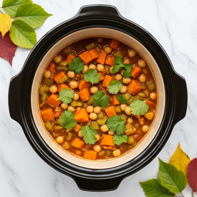A round dark gray slow cooker filled with a thick vegetable stew sits on a white marbled surface. Inside, the stew has bright orange chunks of butternut squash mixed with pale round chickpeas and small pieces of green celery, all covered in a rich reddish-brown broth. Fresh green cilantro leaves are scattered on top, adding a pop of color and freshness to the hearty dish. Around the slow cooker are autumn leaves in fall colors and a gray kitchen towel. Photo taken with an iphone --ar 4:5 --v 7