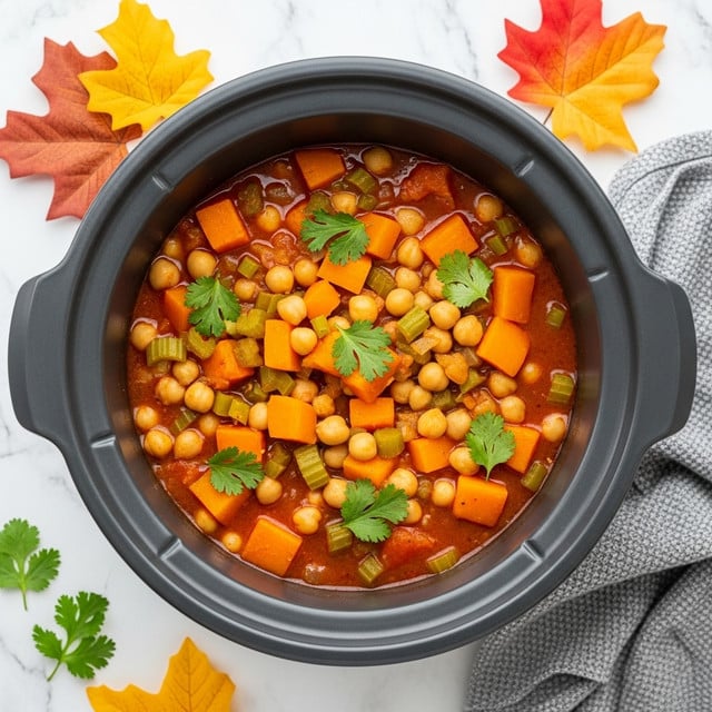 A top view of a crockpot filled with a colorful stew consisting of orange chunks of sweet potato, light beige chickpeas, small green celery pieces, and a thick brown broth. The stew is topped with fresh, bright green cilantro leaves spread evenly across the surface. The crockpot is glossy black with a beige ceramic inner pot, all placed on a white marbled surface with scattered green and autumn-colored leaves nearby. Photo taken with an iphone --ar 4:5 --v 7