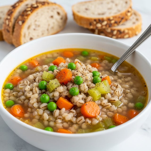 A white bowl filled with a vibrant vegetable barley soup, showing at least three layers of ingredients: small, round green peas scattered throughout, bright orange carrot cubes, and pale green celery pieces mixed with plump, pearl-like barley grains, all sitting in a light golden broth with tiny bubbles and specks of black pepper on top. A silver spoon partially submerged in the bowl rests on the right side. Behind the bowl, there are three slices of rustic bread with a coarse texture, placed on a soft white cloth. To the right, a round ceramic jug with a brown speckled design sits against a white marbled surface. Photo taken with an iphone --ar 4:5 --v 7