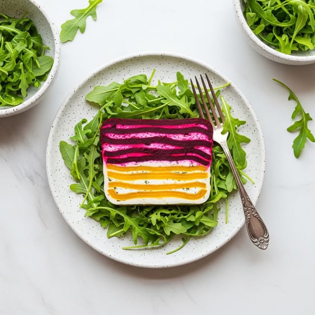 A white speckled plate holds a layered vegetable terrine atop a bed of fresh green arugula leaves. The terrine consists of thin, horizontal layers in two colors: deep red on top and bright golden yellow beneath, showing a clear, vibrant contrast. To the right of the terrine, an ornate silver fork rests on the greens. Two other white speckled bowls filled with loose arugula leaves are partially visible on a white marbled surface around the main plate. Photo taken with an iphone --ar 4:5 --v 7