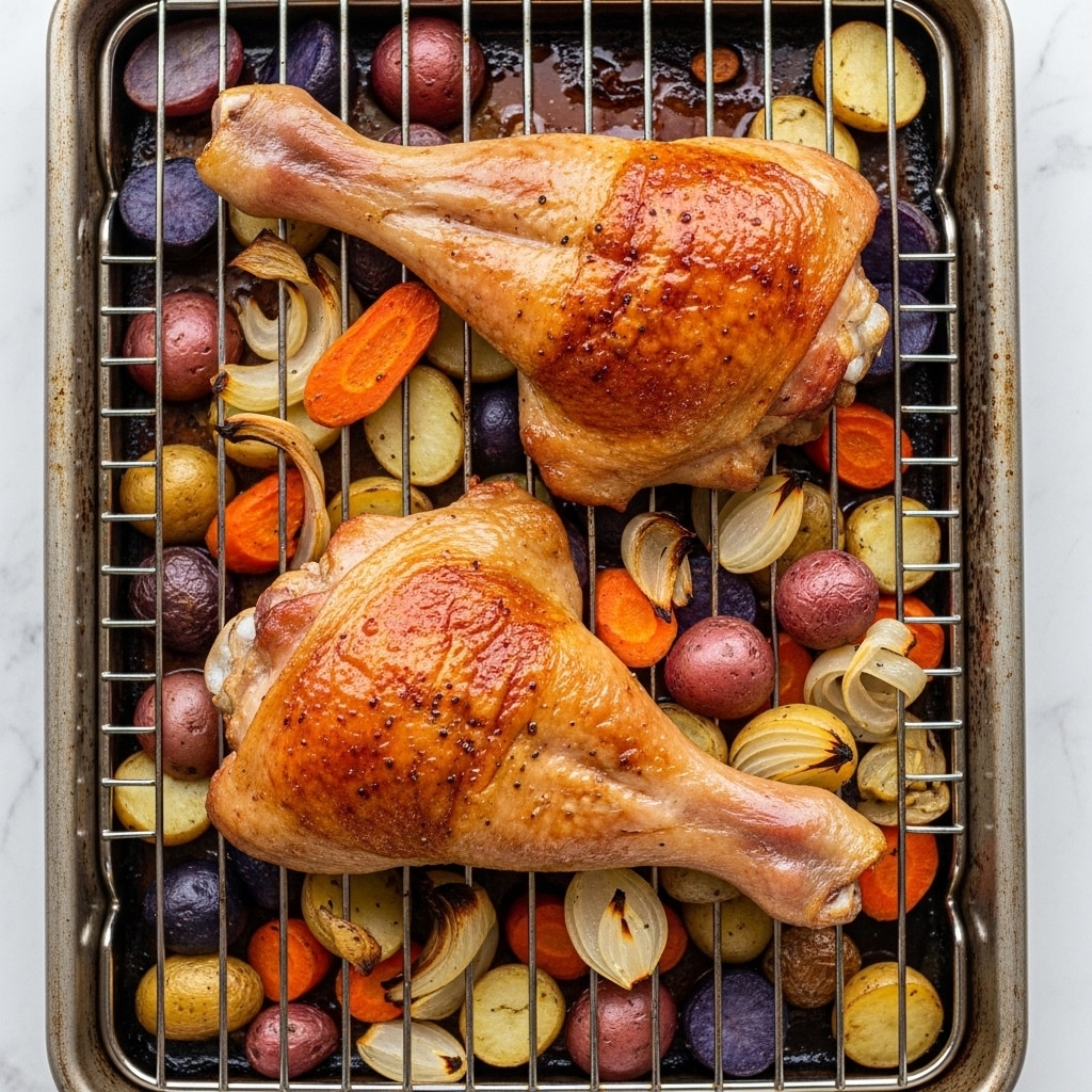 Two large golden brown roasted turkey legs with crispy skin rest on a silver rack inside a deep baking pan. Underneath the rack, around the pan's edges, there are a mix of roasted vegetables including small round potatoes in red, yellow, and purple, thick carrot slices, celery pieces, and onion chunks, all cooked and slightly caramelized. The turkey legs have a shiny glaze and some char marks on the skin. The image is taken from above, showing the full pan and food. Photo taken with an iphone --ar 4:5 --v 7