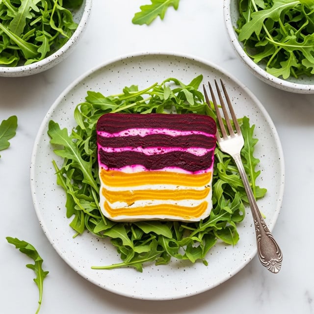 An oval gray plate holds fresh green arugula leaves spread as the base layer, topped with five thick rectangular pieces of beetroot tart, each showing vibrant layers of yellow and deep red beetroot with a slightly shiny texture. Two vintage silver forks rest on the right side of the plate, partially over the arugula. Around the main plate, a white marbled surface sets the scene with additional white plates containing arugula and toasted bread pieces. A small white bowl with a coarse texture sits near the top right. The overall look is bright and fresh with contrasting colors. photo taken with an iphone --ar 4:5 --v 7