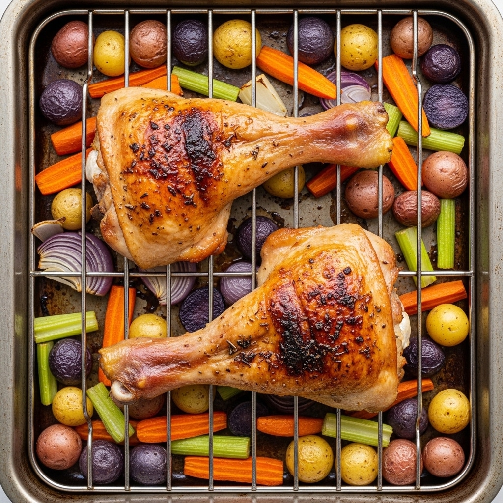 Two large roasted turkey legs with shiny, golden brown, slightly crispy skin rest on a metal rack inside a baking pan. Under the rack, there is an assortment of roasted vegetables including halved small potatoes in red, purple, and yellow colors, orange carrot slices, and light brown onion pieces. The turkey legs take up most of the space on the rack, and the vegetables underneath look tender and slightly caramelized. The baking pan edges show some roasted drips and browning from cooking. The entire setup is on a white marbled texture in soft natural light. photo taken with an iphone --ar 4:5 --v 7