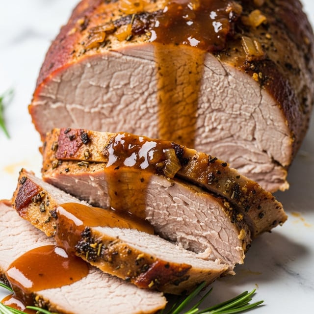 A close-up view of a cooked pork roast, sliced and arranged with the larger piece at the back showing the cooked, light beige meat with visible grain. The slices in the front are flaky and tender with a glossy brown sauce drizzled generously over the top, adding shine and moistness. Small bits of caramelized onion or seasoning are visible on the surface of the roast. Some green rosemary sprigs peek at the bottom edge, adding a touch of color. The background is a white marbled texture. photo taken with an iphone --ar 4:5 --v 7