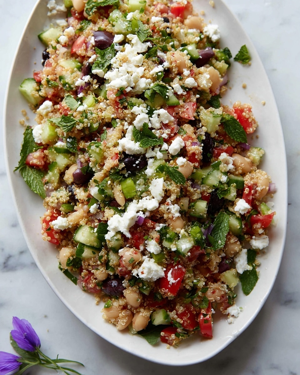 A large oval white plate holds a colorful quinoa salad with three main layers: the bottom layer is light tan quinoa mixed with small white beans, chopped red tomatoes, and diced dark purple olives; the middle layer is bright green chopped cucumber and fresh leafy herbs, scattered throughout and on top; the top layer has small white crumbles of soft cheese sprinkled unevenly, adding texture. The salad is vibrant with mostly green, red, white, and tan colors, and a few small purple flower petals rest beside the plate on the white marbled surface. photo taken with an iphone --ar 4:5 --v 7