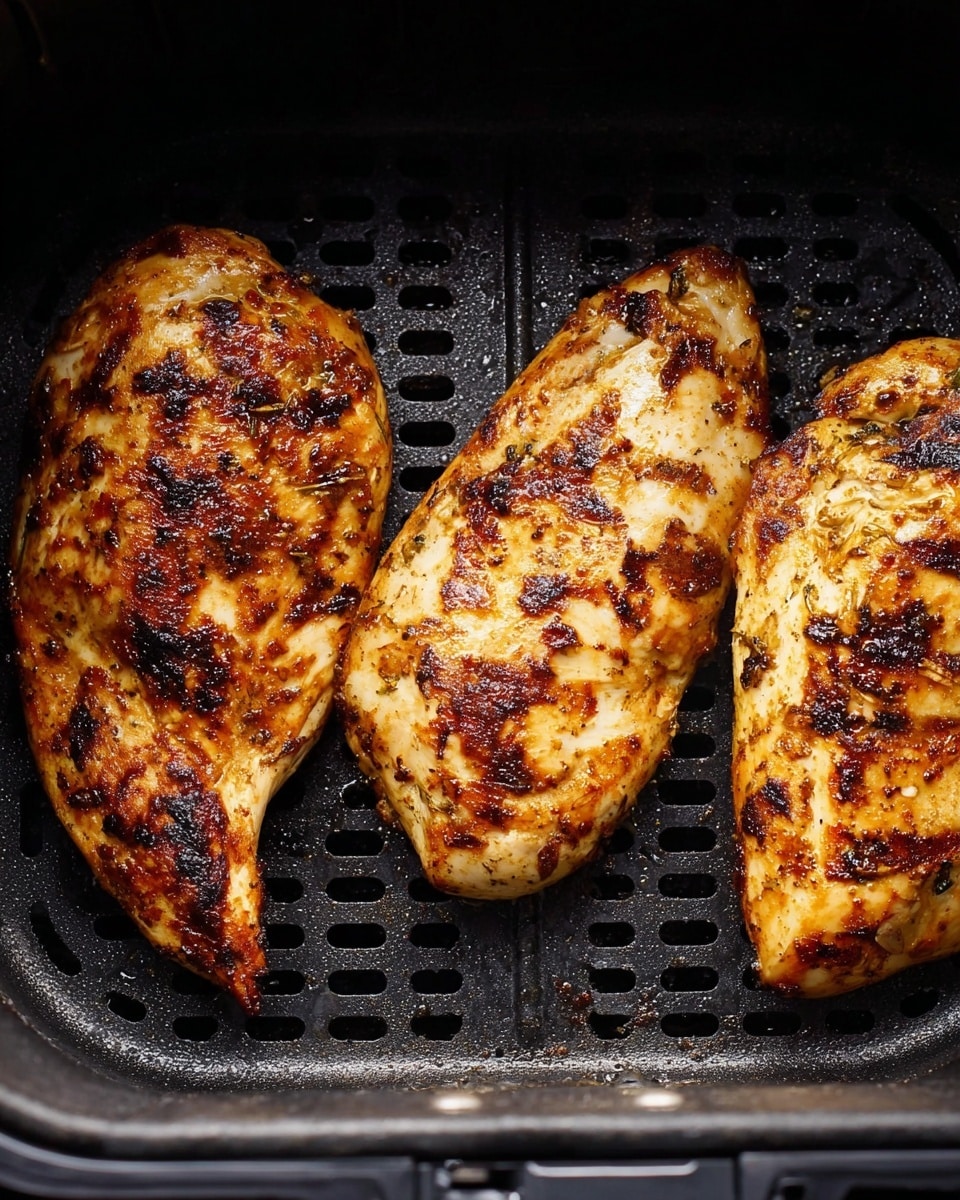 The image shows three cooked chicken breasts inside a black air fryer basket. Each chicken breast has a golden-brown, slightly crispy texture with darker grill marks and some charred spots, indicating a well-cooked surface. The chicken is evenly spaced within the basket, which has small holes and a grid pattern for air circulation. The overall look is juicy and tender with a mix of light golden, brown, and black colors on the chicken skin. The background visible around the basket is not shown in detail. photo taken with an iphone --ar 4:5 --v 7