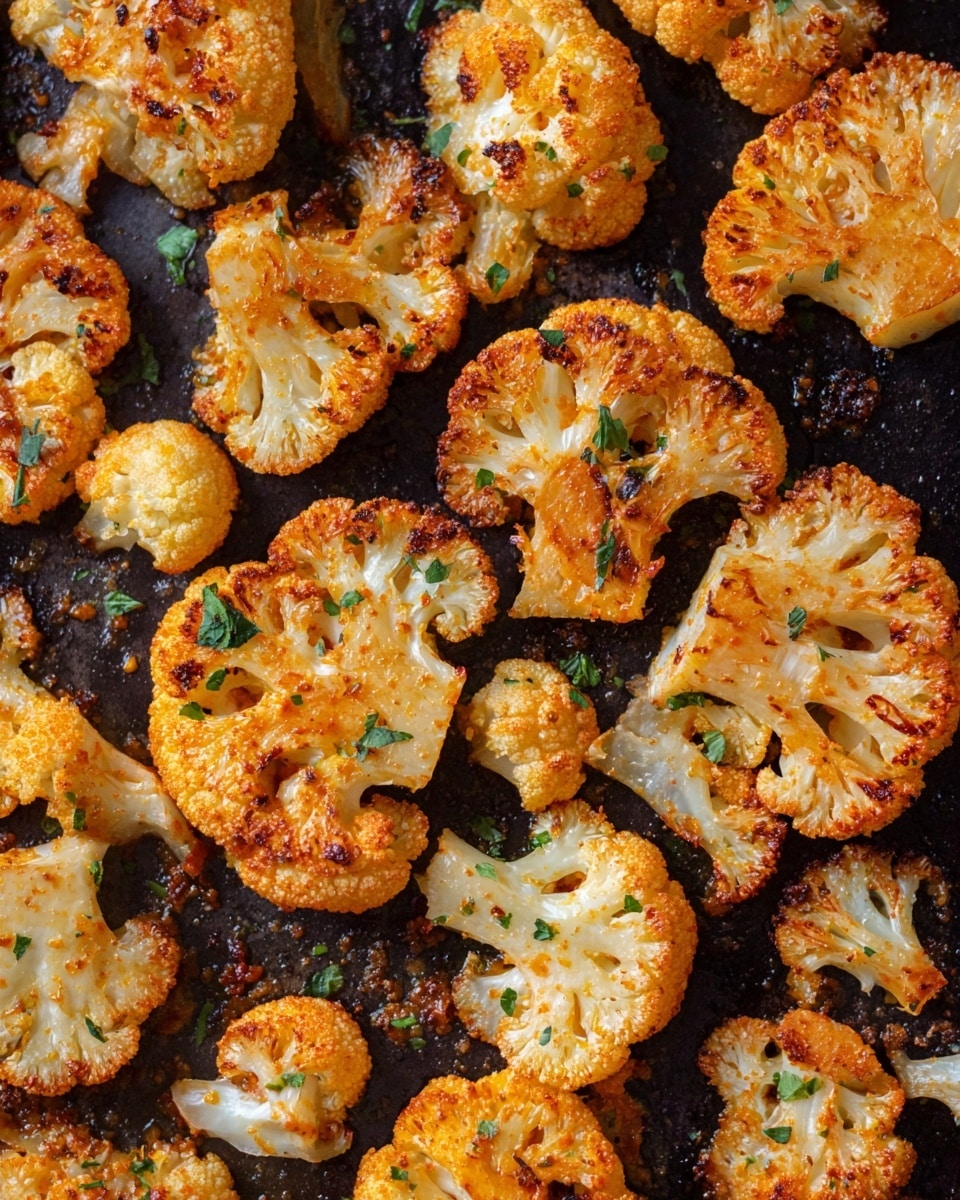 Close-up of several roasted cauliflower florets arranged together on a white marbled surface. Each floret shows a thick white stem base with creamy white and light yellow lacy tops, coated with a layer of orange and red roasted spices, giving a slightly crispy and textured look. Small black and dark green herb bits are scattered unevenly on the florets, adding color contrast. The spices and herbs look roasted with some charred edges, adding a rough texture on parts of each piece. photo taken with an iphone --ar 4:5 --v 7