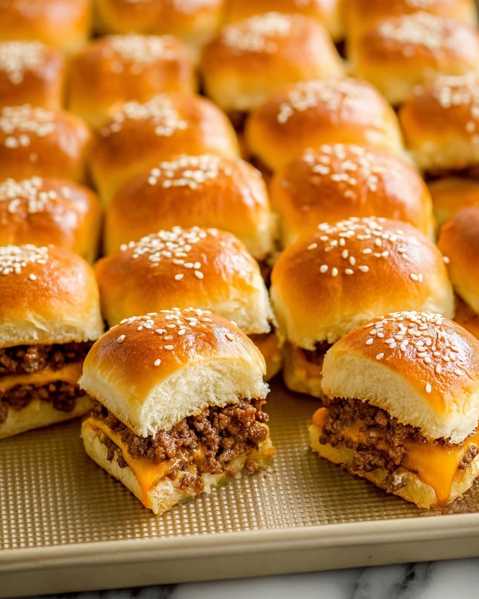 The image shows a close-up of small slider sandwiches stacked, each made with a soft, shiny golden-brown bun topped with a few white sesame seeds. Inside, the sandwiches have a thick layer of cooked ground beef mixed with melted yellow-orange cheese, appearing juicy and rich. The buns are fluffy and slightly toasted, with the beef and cheese peeking out from the sides. The background features a soft focus of more sliders, all resting on a white marbled surface. photo taken with an iphone --ar 4:5 --v 7