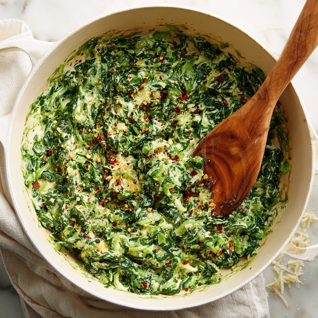 A close-up of a creamy spinach dish in a large white pot with a wooden spoon stirring the textured mix. The spinach is finely chopped and mixed with a creamy sauce giving a bright green and white speckled appearance. Shredded cheese and small red chili flakes are scattered throughout the creamy spinach creating a slightly chunky texture. The pot sits on a white marbled surface with a white cloth underneath, showing some scattered grains of grated cheese nearby. photo taken with an iphone --ar 4:5 --v 7