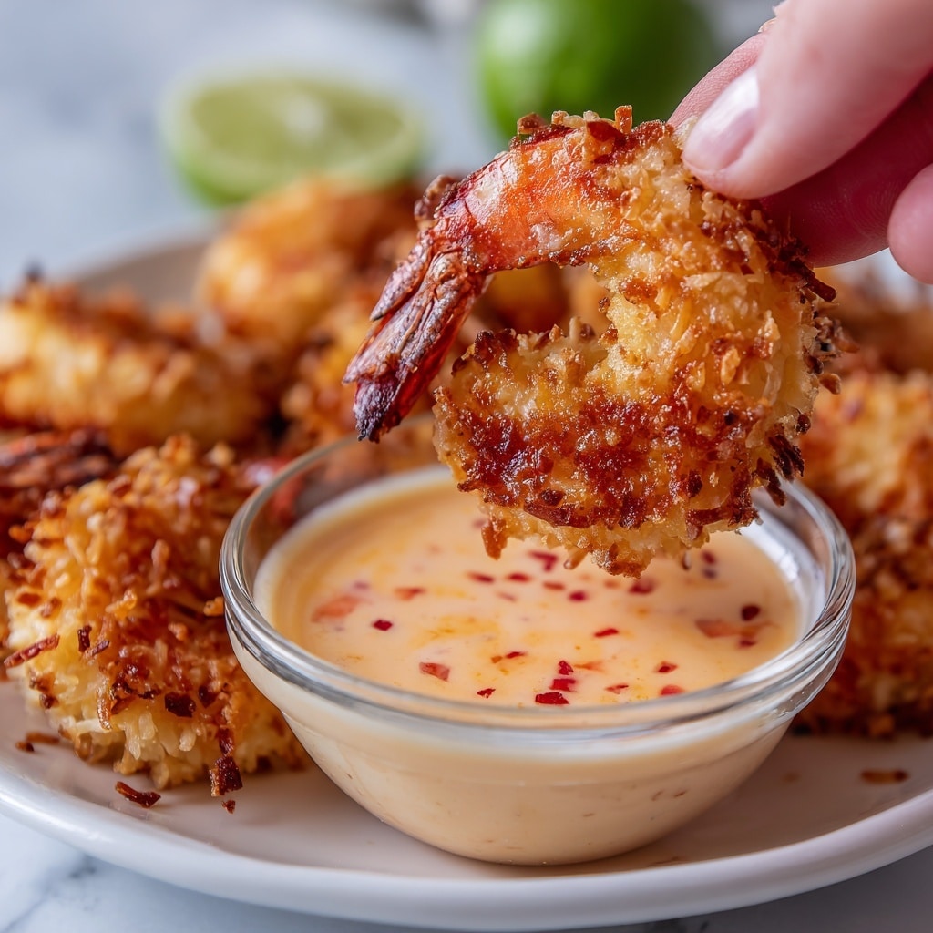 A close-up image showing a crunchy golden-brown coconut shrimp being held by a woman's hand by the tail and dipped into a small clear glass bowl filled with creamy pale orange sauce with tiny red specks. In the background, more pieces of coconut shrimp can be seen blurry on a white plate set on a white marbled surface, and a faint hint of lime slices. The shrimp have a rough texture from the toasted coconut flakes. photo taken with an iphone --ar 4:5 --v 7