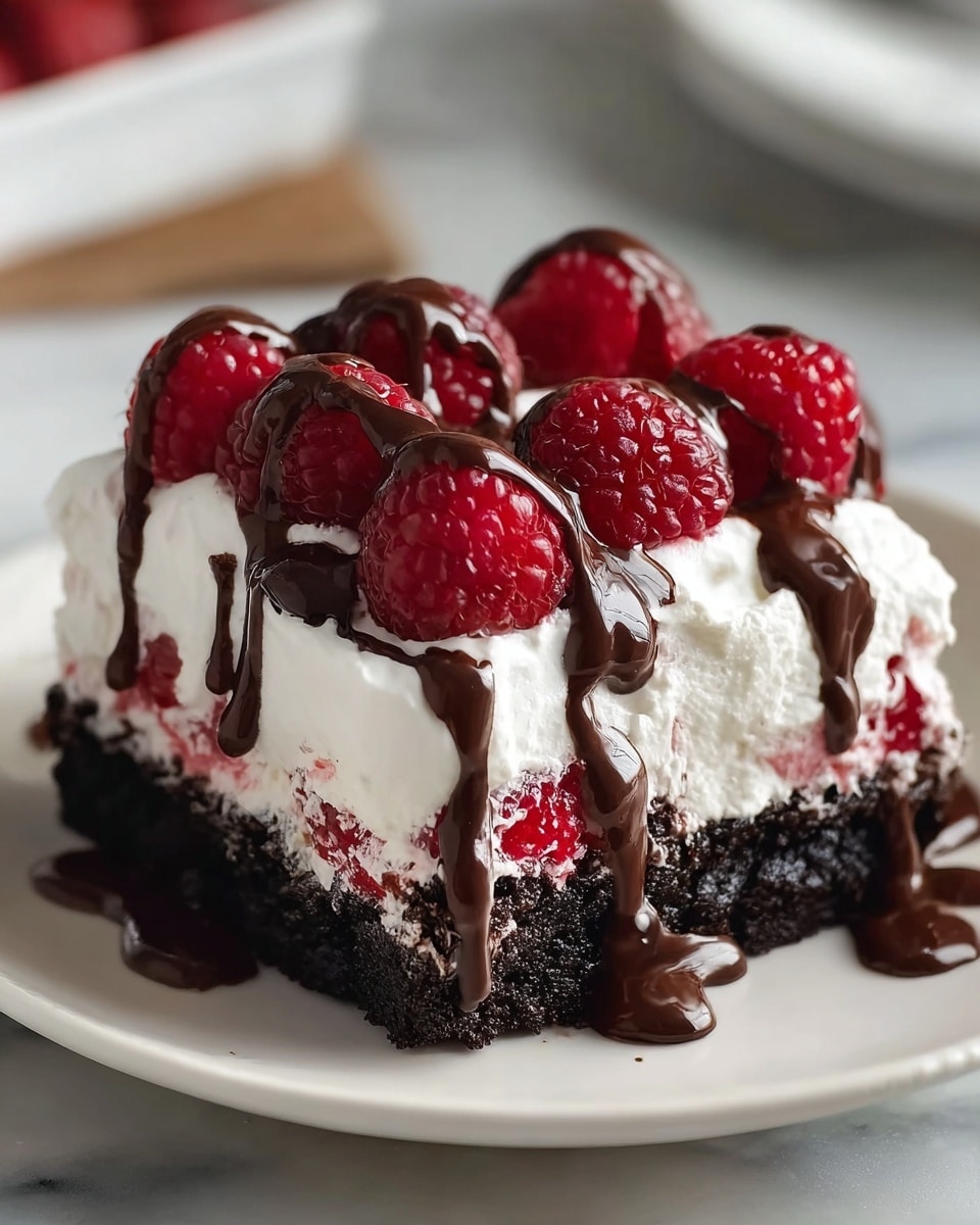 A square cake slice sits on a white plate with a silver fork beside it on a red and white striped cloth. The cake has three main layers: the bottom layer is dark brown, moist chocolate cake, above it is a thick white cream layer mixed with bits of red cherries, and on top are decorative swirls of dark chocolate chocolate cream with bright red cherries placed evenly. The cake's sides show the moist texture of the chocolate cake and the creamy top with hints of cherry juice. The photo taken with an iphone --ar 4:5 --v 7