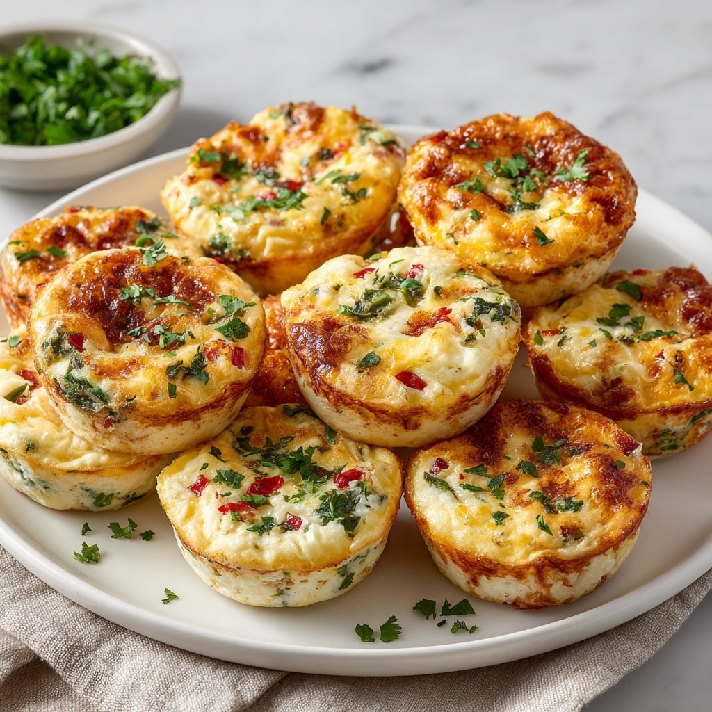 The image shows a white plate with ten small, round mini frittatas. Each frittata has two main layers: a pale, creamy egg base filled with chopped green herbs and red bits of vegetables, and a lightly browned, slightly crispy top with a golden-brown texture. The frittatas are arranged close together so that they slightly touch, and some are stacked showing their thickness. Around the plate, a few small green herb pieces are scattered. The plate is set on a white marbled surface next to a beige cloth, with a small bowl of fresh green chopped herbs in the top left corner. Photo taken with an iphone --ar 4:5 --v 7