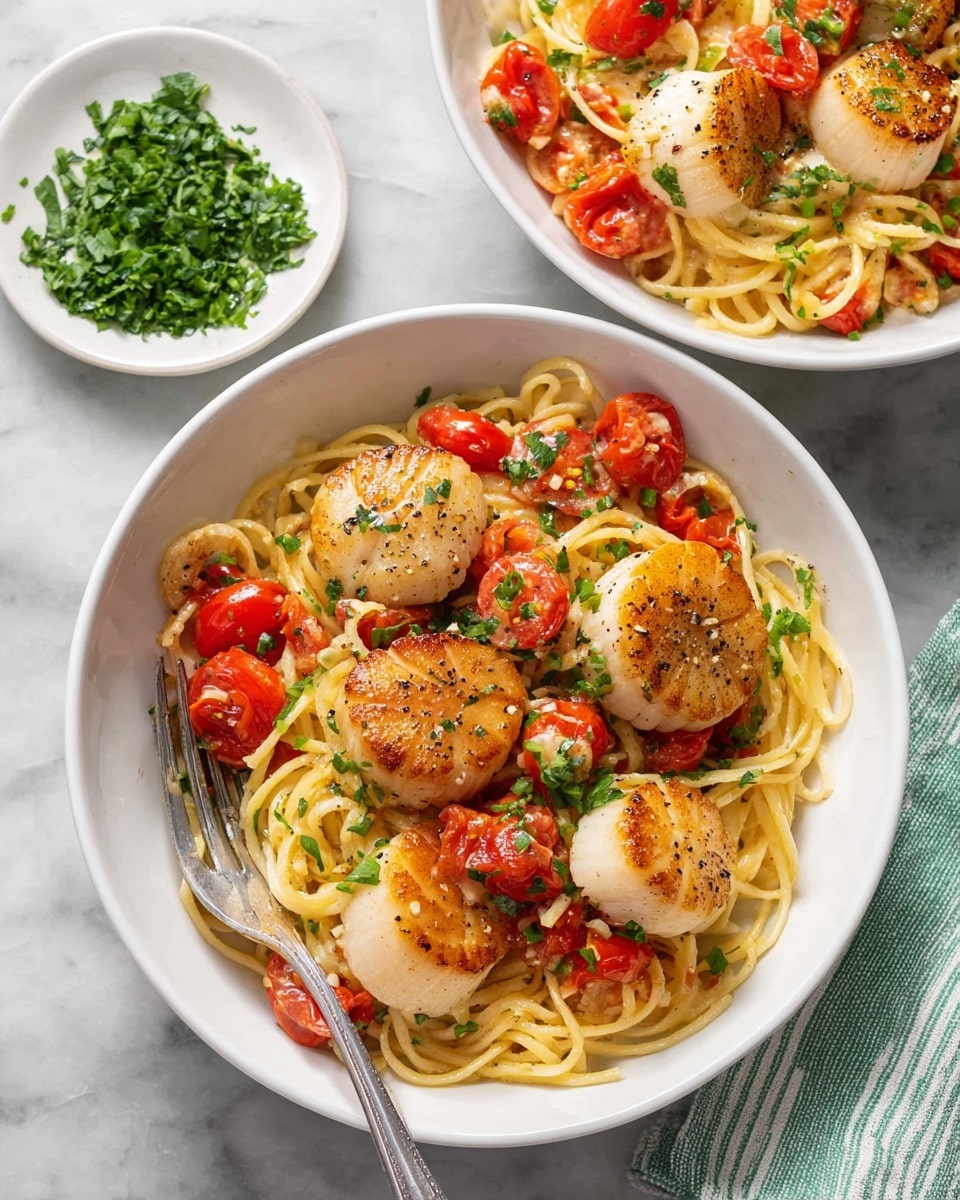 Two white bowls are filled with a dish made of light yellow pasta noodles tangled with bright red cherry tomato halves and several large, golden-brown seared scallops placed on top. The dish is garnished with small green chopped herbs and light specks of black pepper scattered over the food. A shiny fork rests inside the lower bowl on the left side. To the left of the bowls is a smaller white plate with a pile of fresh chopped green herbs. The setting is on a white marbled surface with a folded green and white striped cloth visible on the right. photo taken with an iphone --ar 4:5 --v 7