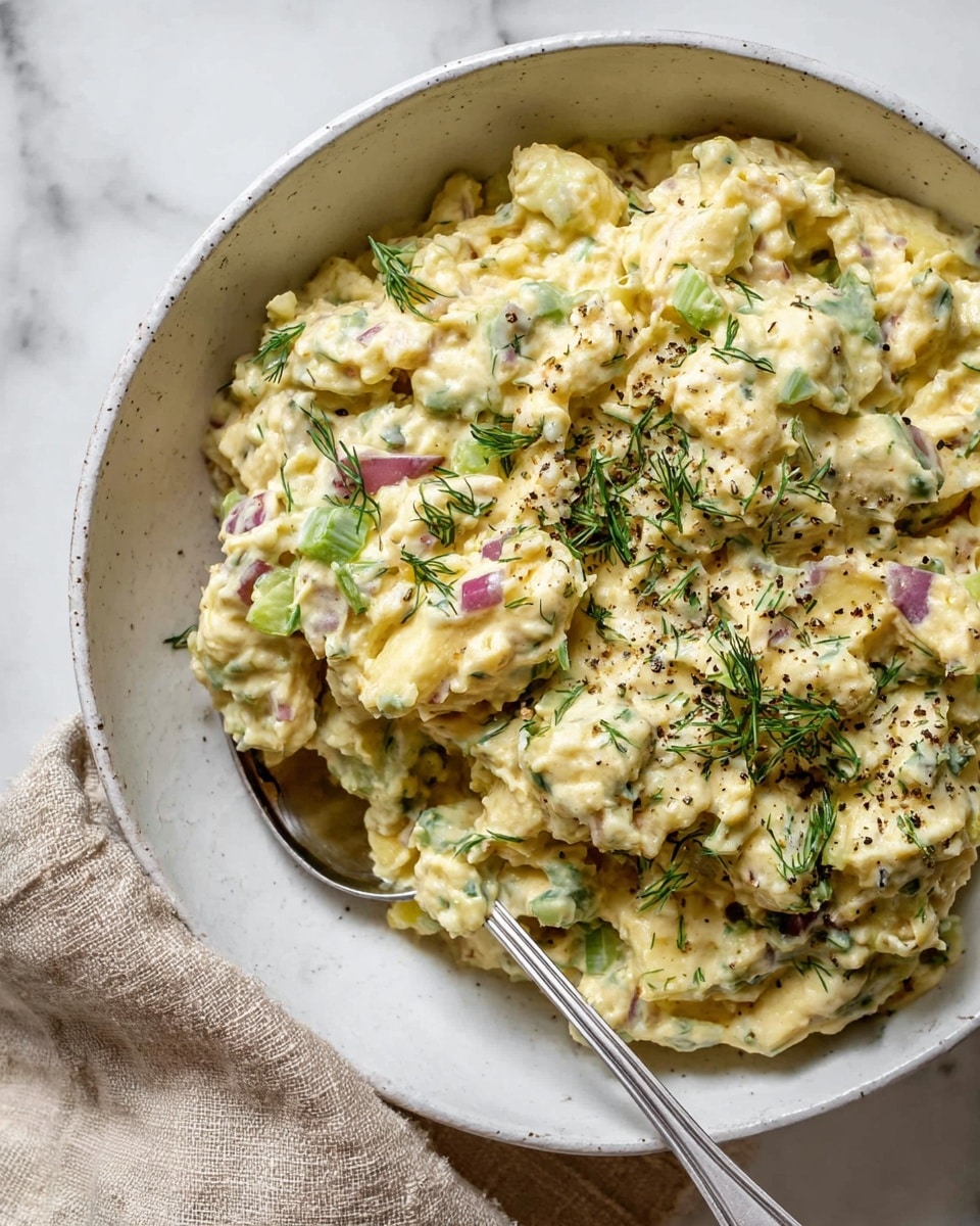 The dish is served in a white bowl with a brown rim, filled with a creamy mixture that has a chunky texture. The main color of the food is a pale yellow with hints of green, coming from small pieces of vegetables and herbs mixed throughout. Fresh dill sprigs lay on top, adding a vibrant green touch, and small black pepper specks scatter over the surface. A silver spoon rests inside the bowl on the right side. The bowl is placed on a white marbled textured surface with a bunch of green dill on the upper left and two stacked white plates with brown edges in the upper right. A beige cloth is visible in the bottom right corner. photo taken with an iphone --ar 4:5 --v 7