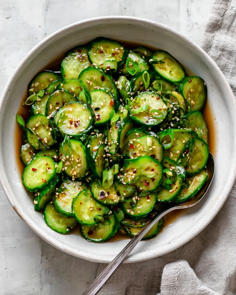 A bowl filled with many thin, bright green cucumber slices, some showing a crinkled edge, tossed with small pieces of green onions, tiny black sesame seeds, and red pepper flakes. The cucumbers are coated in a light brown soy-like sauce pooling slightly at the bottom. A silver spoon rests inside the bowl on top of the cucumbers. The bowl is white and sits on a white marbled textured surface with a piece of light gray cloth nearby. Photo taken with an iphone --ar 4:5 --v 7