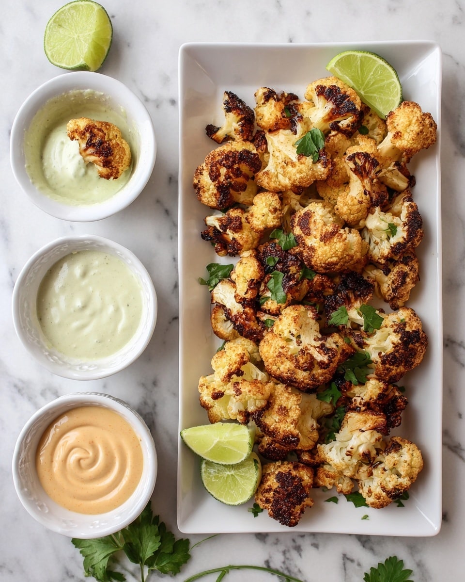 A white rectangular plate holds a stack of golden-brown roasted cauliflower florets with some charred spots, garnished with small green parsley leaves, and two lime wedges placed on the side. To the left, there is a white bowl with creamy light green sauce topped with one roasted cauliflower floret, and below it are two small white dishes, one filled with creamy white sauce and the other with a smooth orange sauce. Sprigs of fresh green parsley are scattered around the dishes on a white marbled surface. Photo taken with an iphone --ar 4:5 --v 7