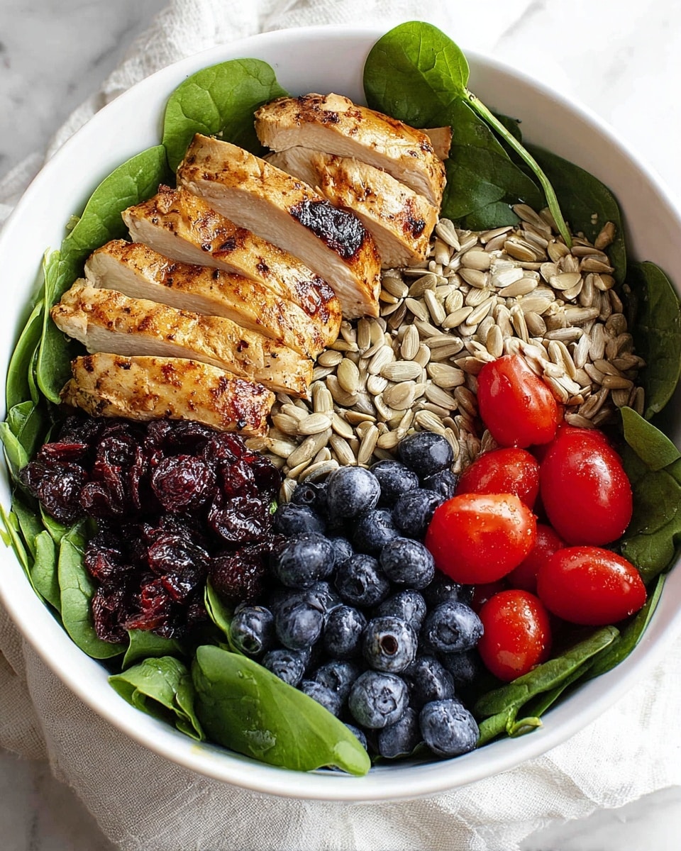 A white bowl filled with fresh green spinach leaves as the base layer, topped with five separated sections: on the left, golden-brown grilled chicken breast sliced into thick pieces; next to it, dark red dried cranberries; to the right of cranberries, a pile of light beige sunflower seeds; followed by a cluster of shiny dark blue blueberries; and finally, bright red cherry tomatoes cut in half. The bowl sits on a white marbled surface with a white cloth partially visible. photo taken with an iphone --ar 4:5 --v 7