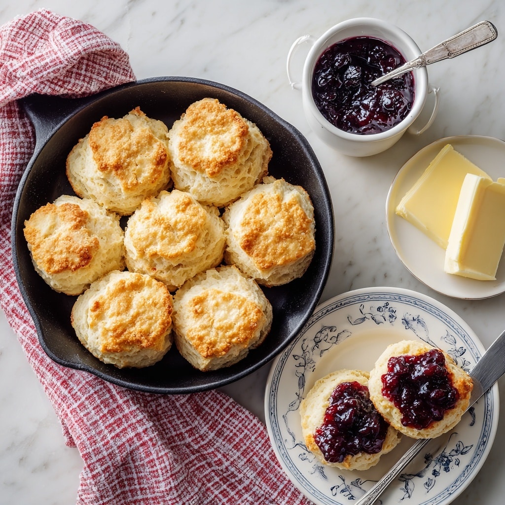 A black skillet holds twelve golden brown biscuits arranged closely together, showing soft, fluffy textures with slightly crispy tops. To the right, two split biscuits sit on a white plate with delicate blue leaf patterns, each topped with a layer of dark purple blueberry jam that looks thick and juicy. Above the plate, a small white bowl contains the same blueberry jam, with a silver spoon resting inside. Next to the jam bowl is a small white plate with two slices of pale yellow butter and a butter knife. All items are placed on a white marbled surface with a red and white checkered cloth partially under the skillet and plates. Photo taken with an iphone --ar 4:5 --v 7