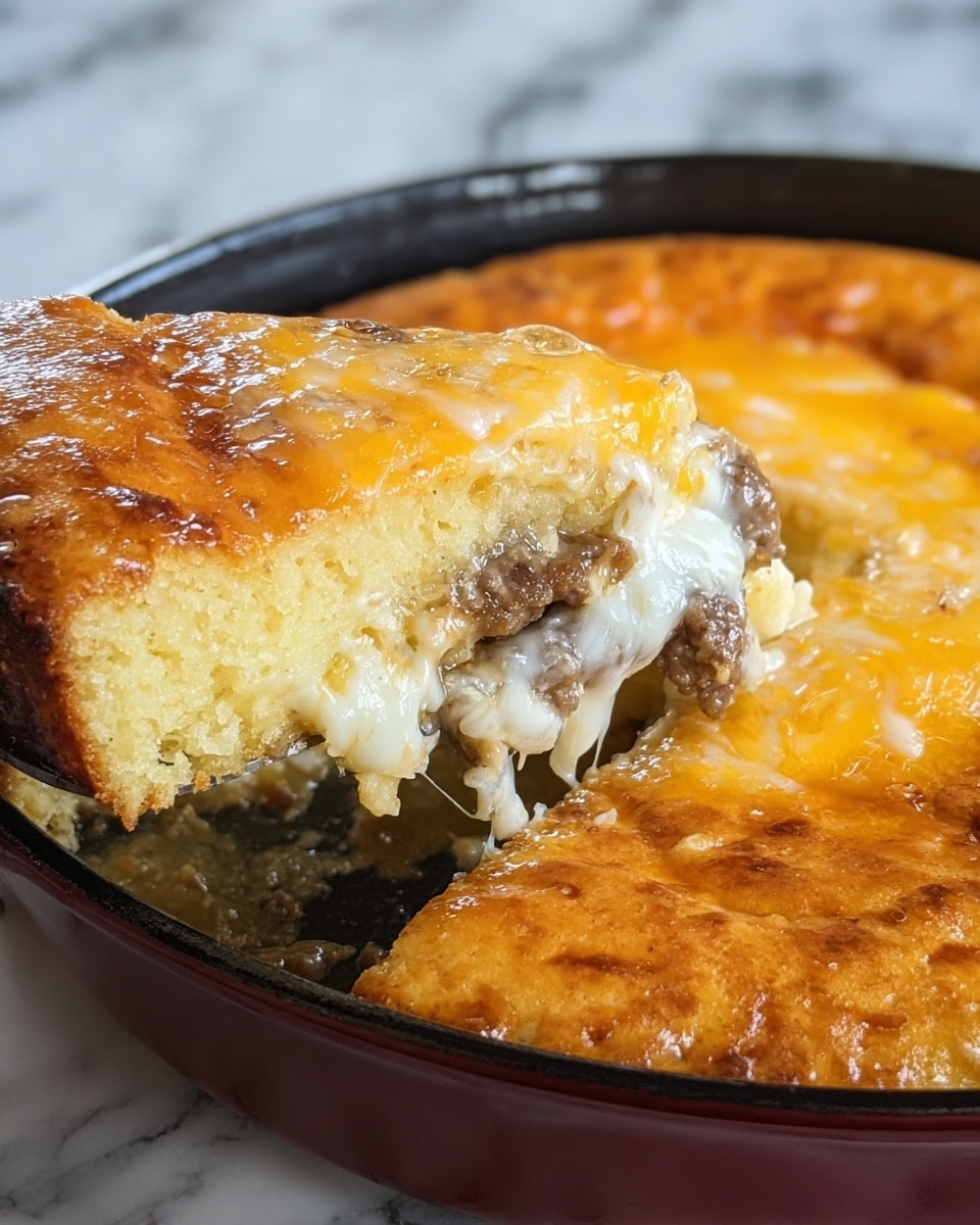 The image shows a close-up of a golden-brown baked dish in a black round pan. The top layer is a smooth, slightly shiny crust with a rich golden color. A slice is being lifted, revealing a thick, soft, light yellow inner layer that looks fluffy and moist. Below that, there is a savory filling with a brown meat sauce mixed with melted white cheese that is stretching slightly as the slice is lifted. The dish is placed on a white marbled surface with some blurred background items. photo taken with an iphone --ar 4:5 --v 7