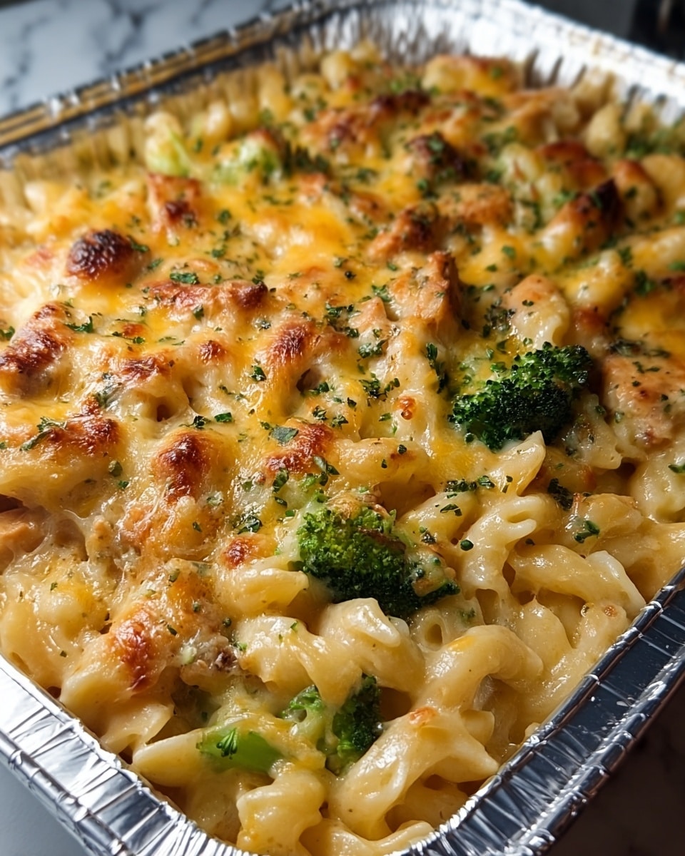A baked pasta dish in a silver foil container with one main layer of creamy, golden-yellow cheese sauce mixed with pasta, green broccoli florets, and pieces of browned chicken, all topped with melted, slightly browned cheese that has a bubbly, glossy texture and small bits of green herbs sprinkled on top, resting on a white marbled surface. photo taken with an iphone --ar 4:5 --v 7