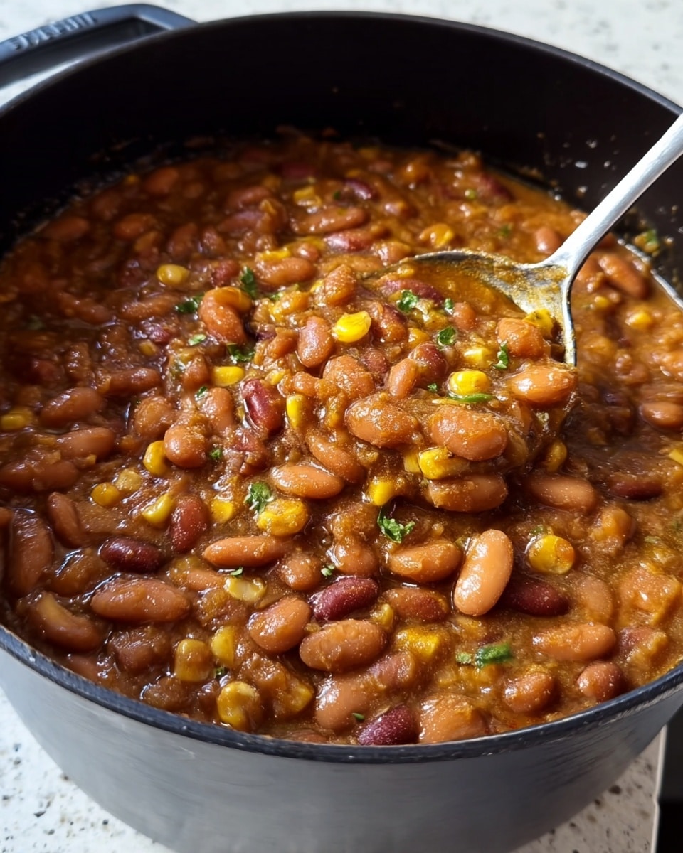 A close-up view of a black pot filled with thick, brown bean stew showing several layers of cooked beans with a soft, smooth texture mixed with chunks of yellow corn and bits of green herbs scattered throughout. The beans vary in shades of light brown to reddish-brown, creating a rich color contrast within the thick, slightly glossy sauce. A silver spoon rests in the pot, partially submerged in the stew, catching some of the beans and sauce. The pot sits on a white marbled texture background. photo taken with an iphone --ar 4:5 --v 7