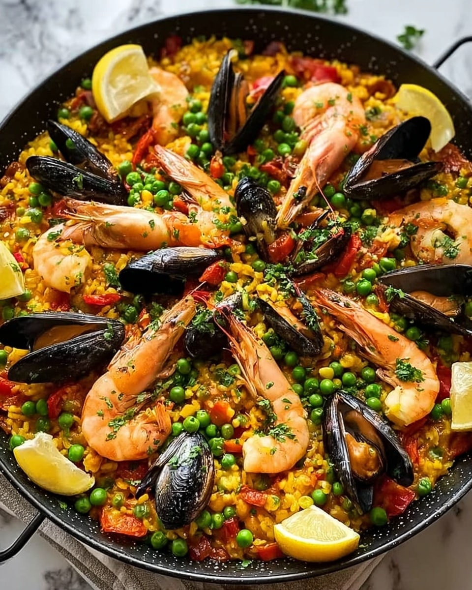 A close-up view of a large pan filled with colorful seafood paella, layered with a base of golden-yellow rice mixed with green peas and small pieces of red bell pepper, topped with whole pink shrimp with shells on, opened black mussels, and wedges of bright yellow lemon placed on top and around the dish, garnished with fresh green herbs. The pan sits on a white marbled surface with a silver spoon partially visible on the right side. Photo taken with an iphone --ar 4:5 --v 7