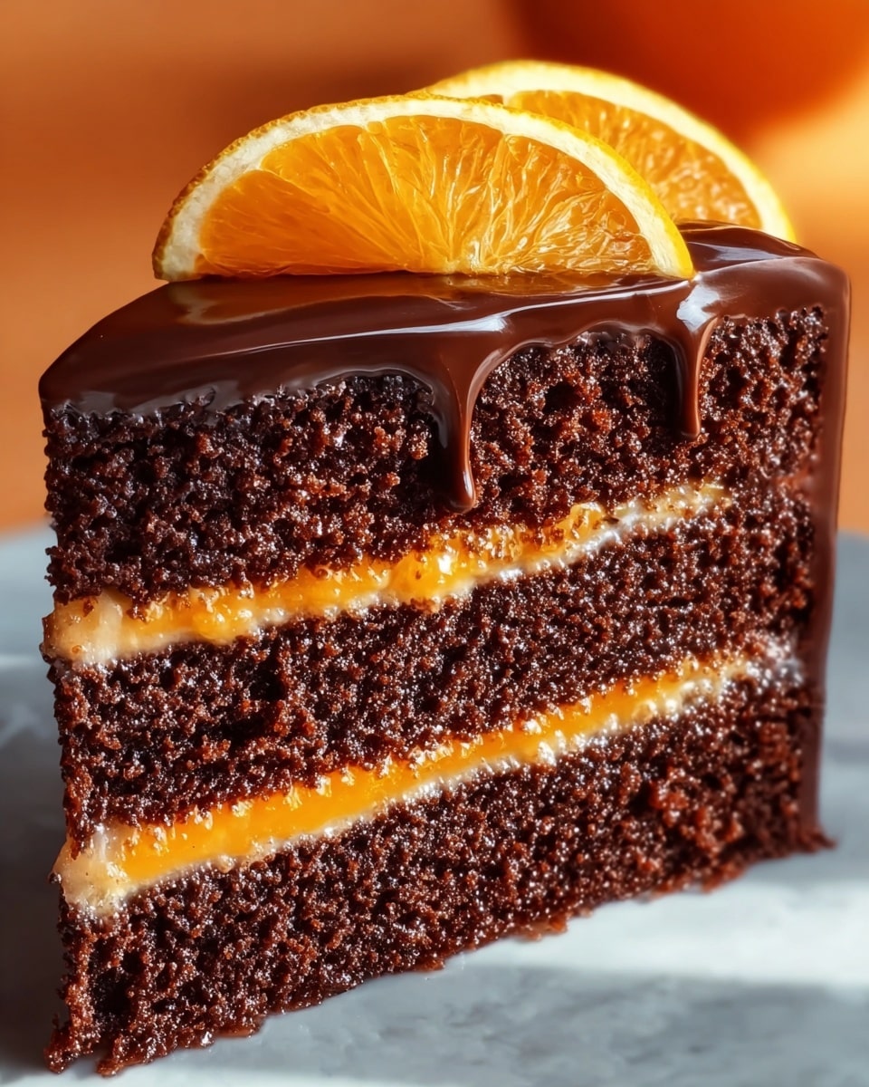 A slice of rich chocolate cake with three layers of dark brown, moist chocolate sponge. Between the first and second layers, there is a bright orange creamy filling, and between the second and third layers, a thin layer of light cream. The top is covered with a smooth, shiny dark chocolate glaze that drips slightly over the sides. Two thin, curved slices of orange with visible juicy segments rest on the top right corner of the cake. The cake is placed on a white surface with a soft focus background showing warm orange tones. photo taken with an iphone --ar 4:5 --v 7