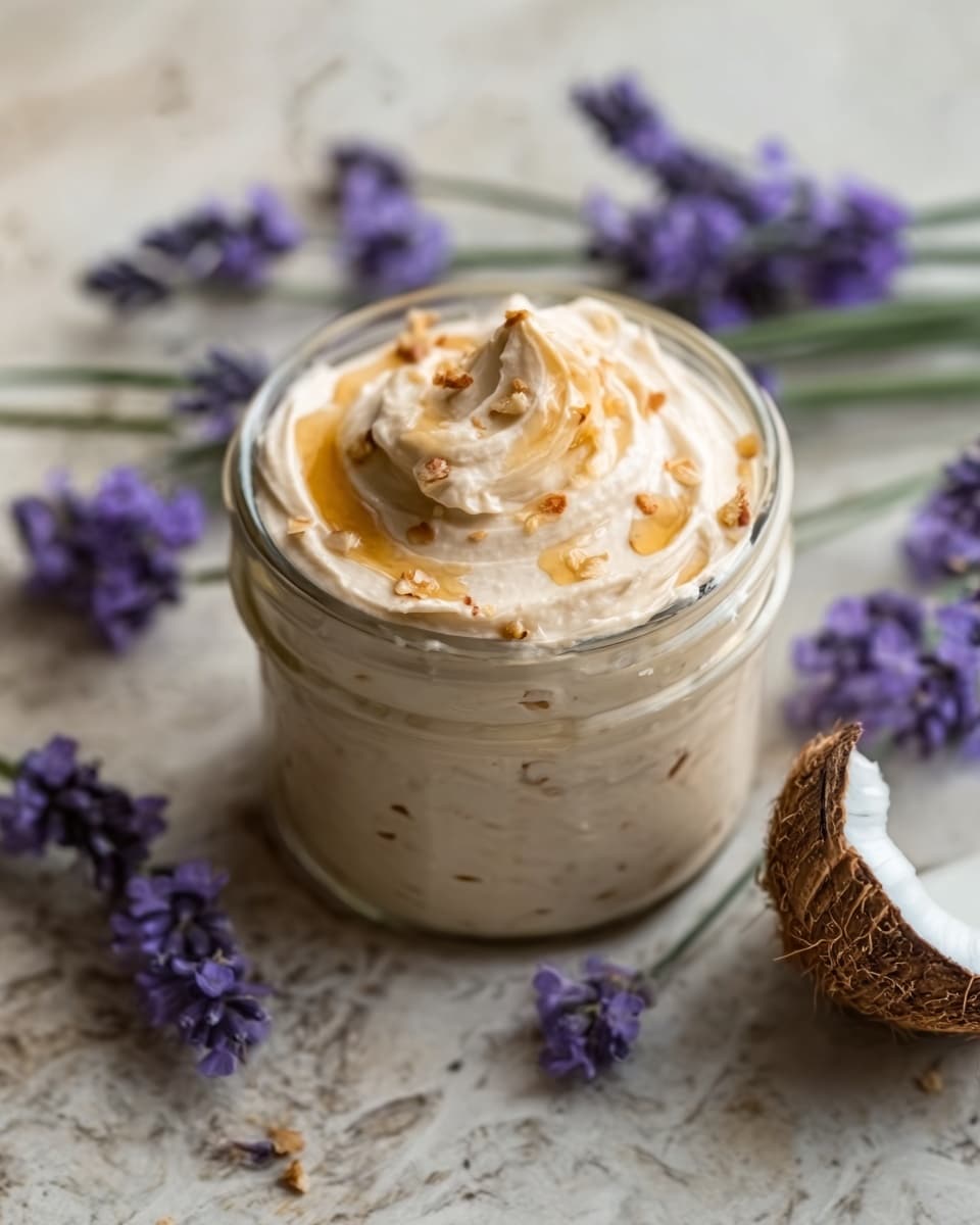 A small glass jar filled with a creamy, light beige spread that has a smooth and slightly whipped texture with small nut pieces visible inside. The top of the spread in the jar is swirled with a soft peak and a drizzle of honey, giving a glossy touch. Around the jar, there are purple lavender flowers and a cracked coconut shell, all placed on a white marbled surface, creating a natural and fresh look. photo taken with an iphone --ar 4:5 --v 7