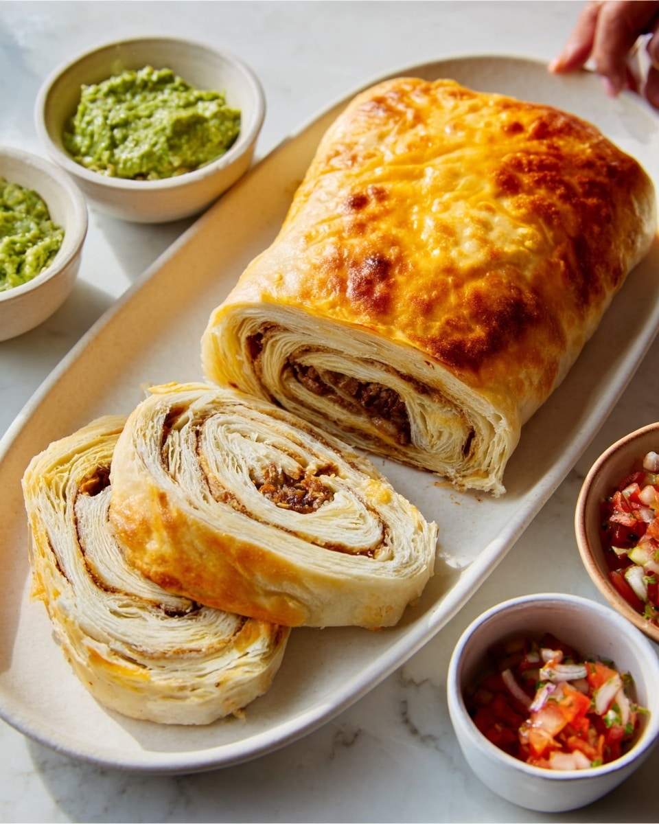 The image shows a white oval plate on a white marbled surface, holding a large baked pastry and three sliced pieces. The pastry has a golden, slightly shiny crust with some browned spots, showing a layered texture underneath. The slices reveal tight, light brown swirls inside, indicating a filled roll. Around the plate, there are small white bowls filled with green guacamole and a red and white salsa mix. A woman's hand is partly visible near the top right, holding a white bowl. Photo taken with an iphone --ar 4:5 --v 7
