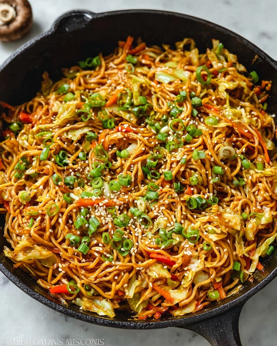 A black pan holds two main layers side by side: on the left, a mix of cooked shredded cabbage and small carrot pieces in a glossy light brown sauce, showing soft and slightly wilted textures; on the right, a pile of pale yellow cooked curly ramen noodles with a smooth and slightly shiny surface. Steam rises gently from the pan, which sits on a white marbled texture. Nearby, a small glass bowl contains bright green chopped scallions. Photo taken with an iphone --ar 4:5 --v 7
