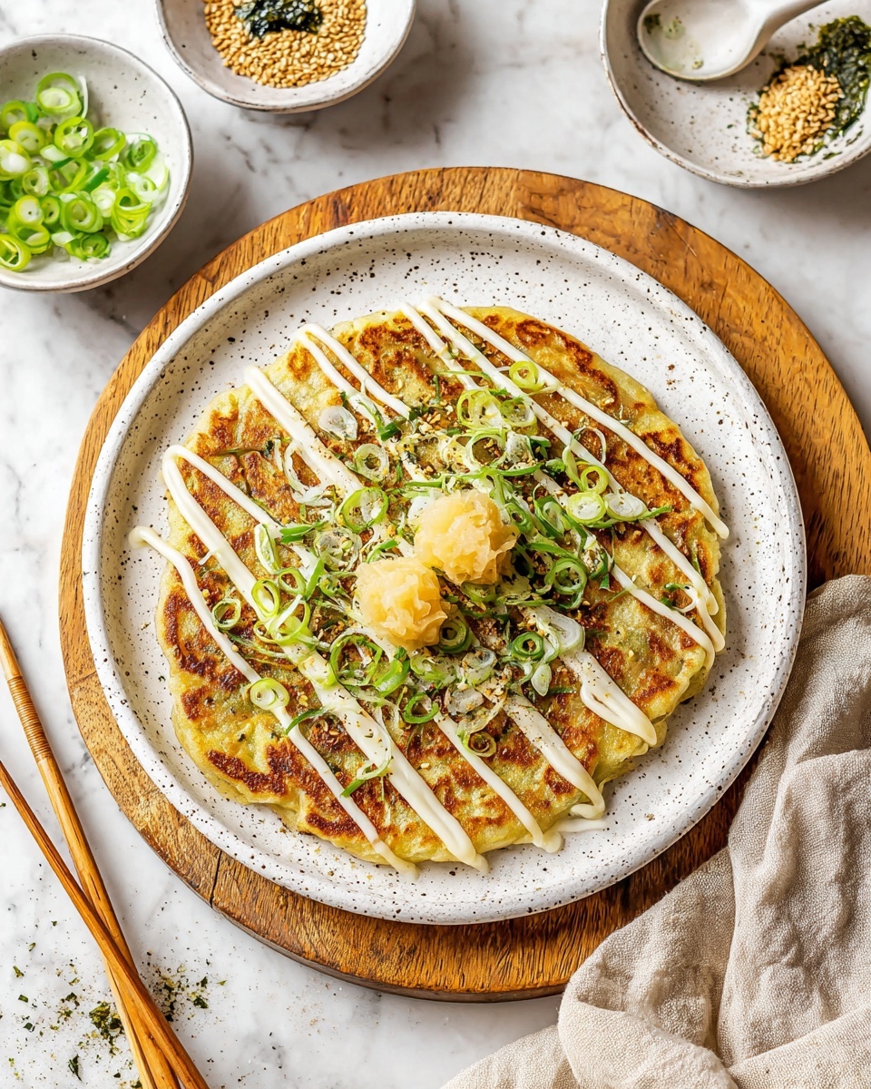 A golden brown, round potato pancake with a slightly crispy texture is cooking in a large black frying pan with a silver handle. The pancake’s surface shows some uneven shades of golden yellow and light brown, highlighting its cooked, crunchy edges. The pan sits on a white marbled surface with a dark blue kitchen towel partially visible underneath the handle. To the right side, there are three fresh green onions with white bases, a small bowl of mayonnaise, a small bowl with green and white seasoning, and another small bowl containing pale yellow pickled ginger. Photo taken with an iphone --ar 4:5 --v 7