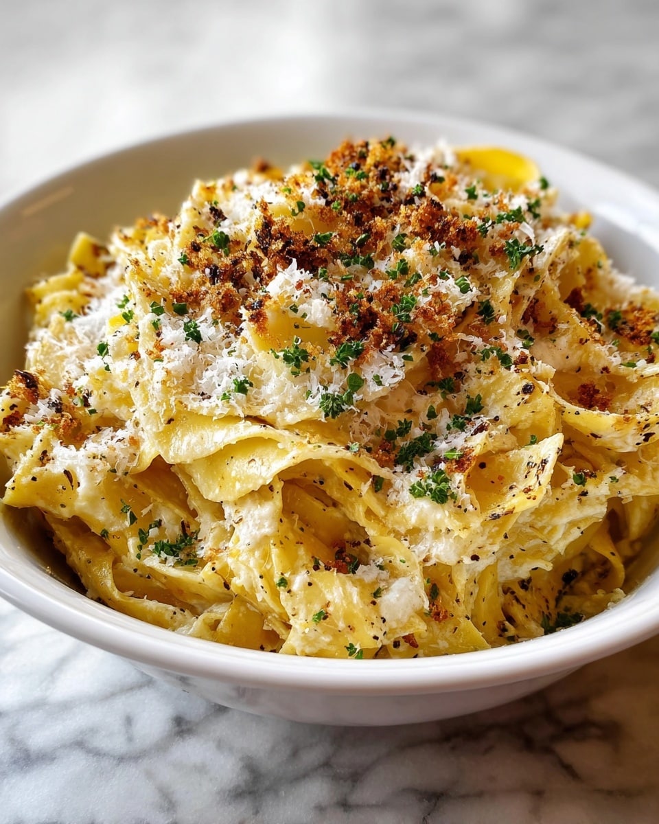 A white bowl filled with layered pasta sheets that are light yellow with a slightly glossy texture, some edges browned and crisp. The pasta is topped with finely grated white cheese scattered unevenly, and sprinkled with chopped green herbs. There are small black pepper specks and bits of browned, crispy bits on top, giving a slightly charred look. The bowl is placed on a surface with a white marbled texture. photo taken with an iphone --ar 4:5 --v 7