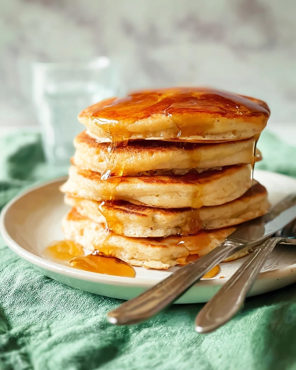 A stack of four thick, golden-brown pancakes sits in the center of a white plate, each pancake fluffy with a slightly uneven surface and visible bubbles. The top pancake is drizzled generously with amber syrup that glistens as it spills down the sides, creating a shiny, sticky texture that highlights the warm tones. In front of the stack, a silver fork and knife rest side by side on the edge of the plate. The plate is placed on a textured, soft green cloth against a white marbled textured surface, with a clear glass of water blurred softly in the background. Photo taken with an iphone --ar 4:5 --v 7