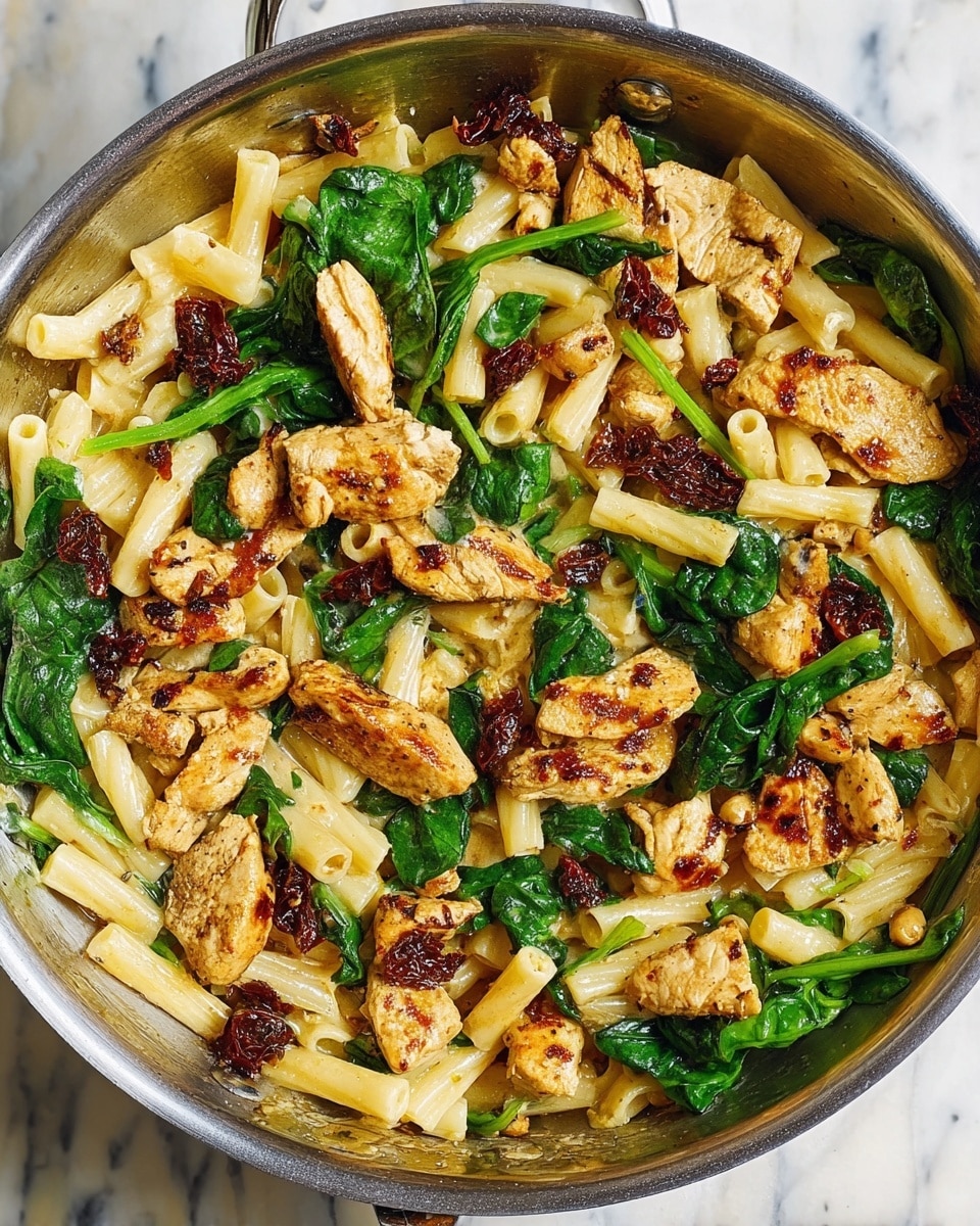A stainless steel pan filled with a pasta dish showing three main layers: the bottom consists of short, white, tube-shaped pasta, scattered evenly; the middle layer has fresh dark green spinach leaves adding a leafy texture; the top layer features browned, grilled chicken pieces that are golden-brown with some char marks, along with small clusters of dark red sun-dried tomatoes, all mixed well together with the pasta. The pan rests on a white marbled surface. photo taken with an iphone --ar 4:5 --v 7