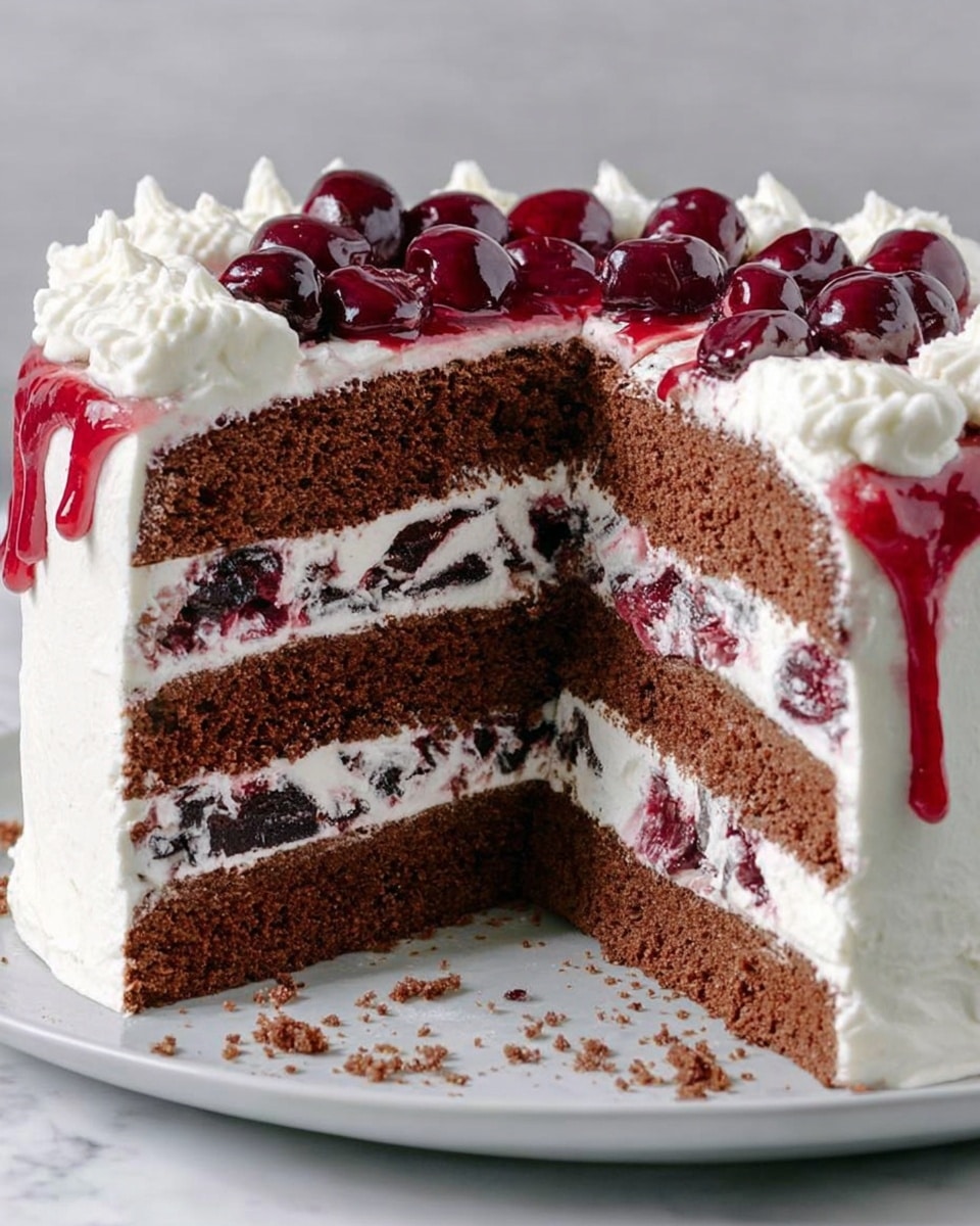 A tall cake with four thick layers of dark brown chocolate sponge, each separated by a creamy white layer mixed with dark red cherries. The cake is coated outside with smooth white whipped cream, and the top is decorated with more whipped cream and glossy red cherry sauce dripping slightly. A large slice is cut out and placed on a white plate, showing all the layers clearly. The cake and plate sit on a white marbled surface. Photo taken with an iphone --ar 4:5 --v 7