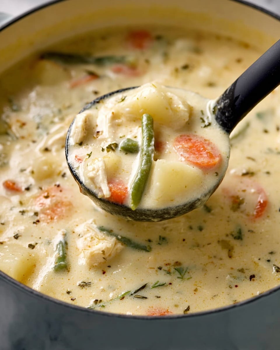 A white bowl filled with a creamy, thick soup with a light yellow color, having multiple ingredients mixed in: small round yellow pasta pieces, chunks of pinkish meat, green beans, small carrot slices, and visible herbs sprinkled on top. A spoon is scooping some of the soup from the bowl, showing the rich, smooth texture and the floating ingredients. The background features a white marbled surface, and the overall look is warm and inviting. photo taken with an iphone --ar 4:5 --v 7