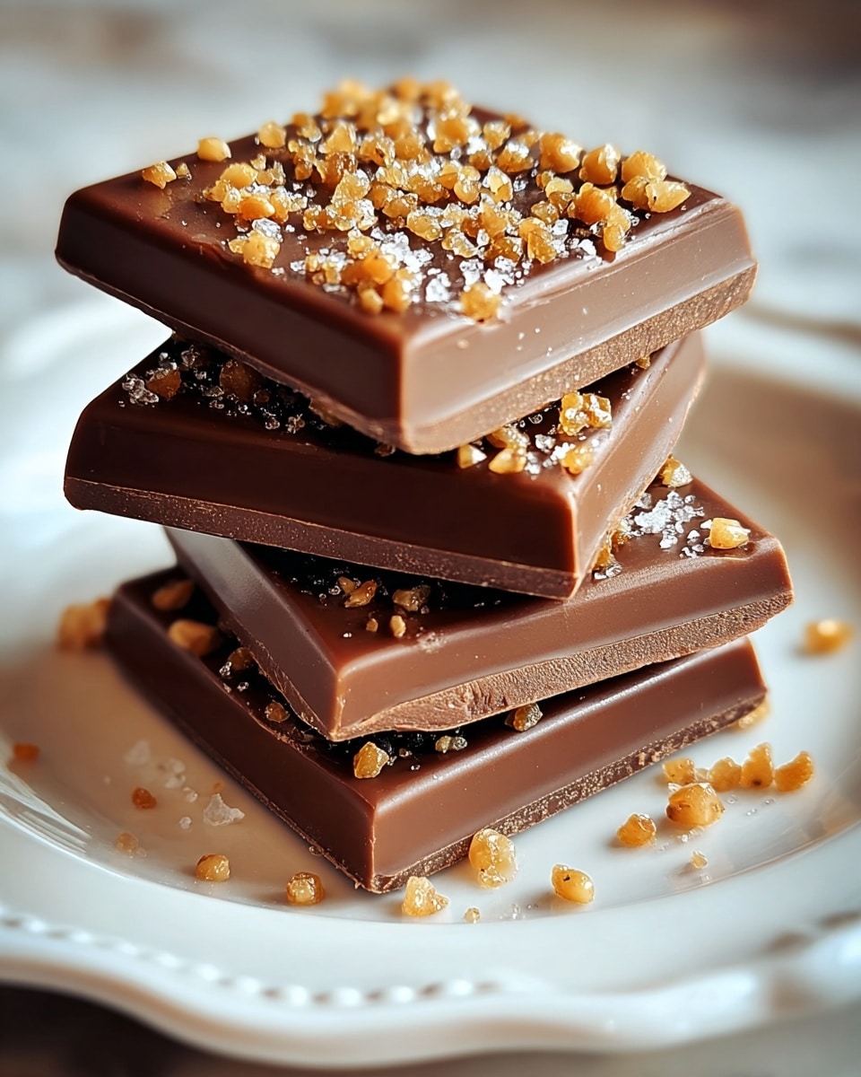 A stack of four square chocolate bars is shown on a white plate with a detailed edge, placed on a white marbled surface. Each chocolate bar has a smooth, shiny milk chocolate color with sharp clean edges. The top layer is sprinkled with small light brown crunchy pieces and coarse shiny salt crystals, some of which have fallen onto the plate and between the layers. The layers are slightly uneven, with small bits of chocolate chipped off on the sides, adding texture. The background is softly blurred with warm tones. photo taken with an iphone --ar 4:5 --v 7