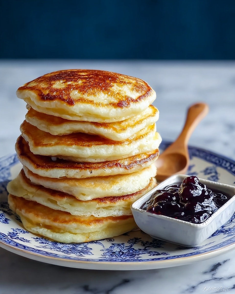 A stack of five golden brown pancakes with a soft texture and slightly crispy edges sits centered on a white plate with blue floral patterns. Next to the stack, on the same plate, is a small square dish filled with dark purple blueberry jam that looks glossy and thick. Behind the plate, a wooden spoon is partially visible, resting on the white marbled surface. The pancakes have a warm, inviting color with some darker spots from cooking, and the layers are fluffy but firm. photo taken with an iphone --ar 4:5 --v 7