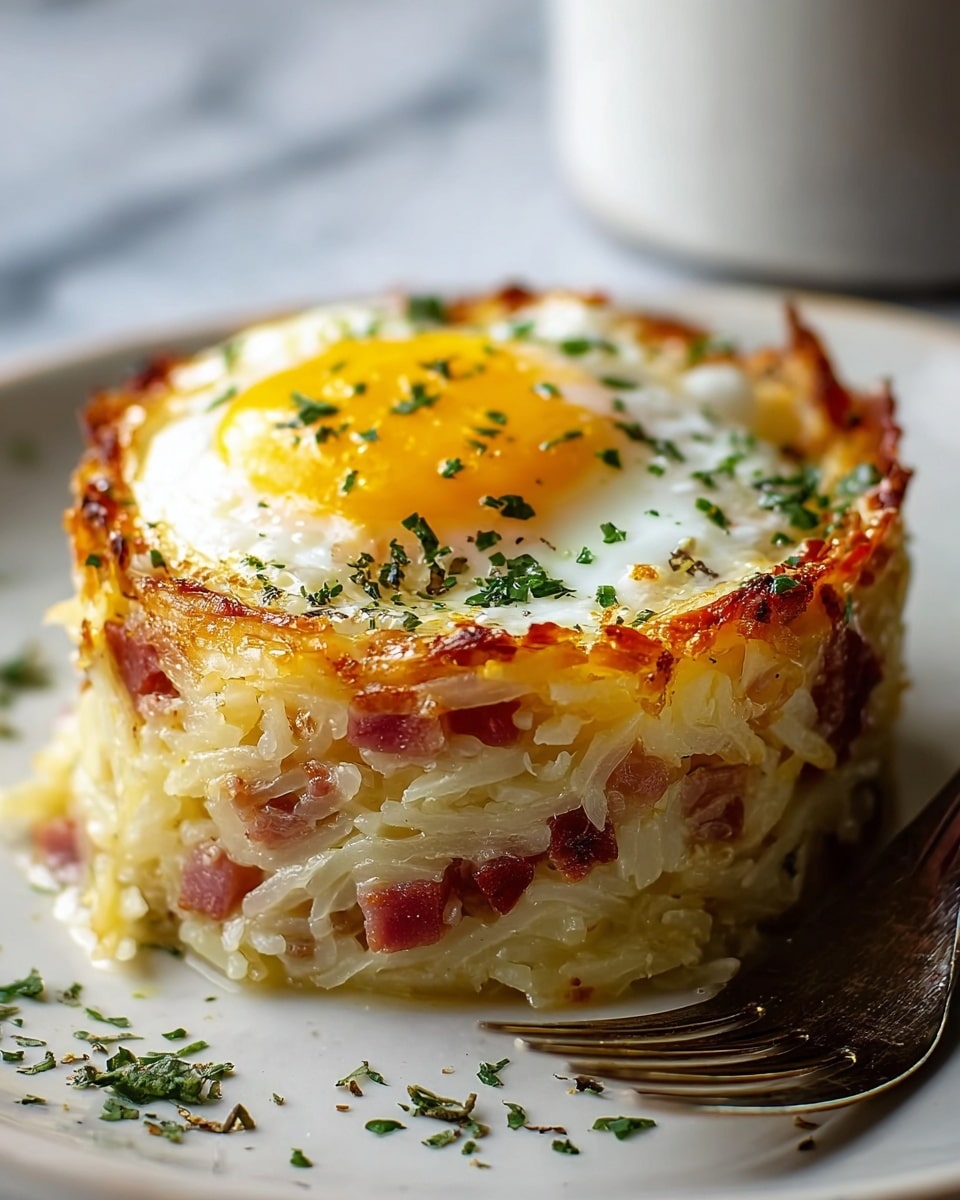 A close-up of a round, stack-like dish with three visible layers: the bottom layer made of finely shredded, light yellow potatoes mixed with bits of reddish ham, the middle layer showing more of the same shredded potatoes slightly browned on the edges, and the top layer consisting of a white egg white with a bright yellow yolk in the center, all sprinkled with small green herb flakes. The dish sits on a white plate, with some herbs scattered around it and a silver fork placed near the bottom right. The background has a soft focus with a white marbled texture. Photo taken with an iphone --ar 4:5 --v 7