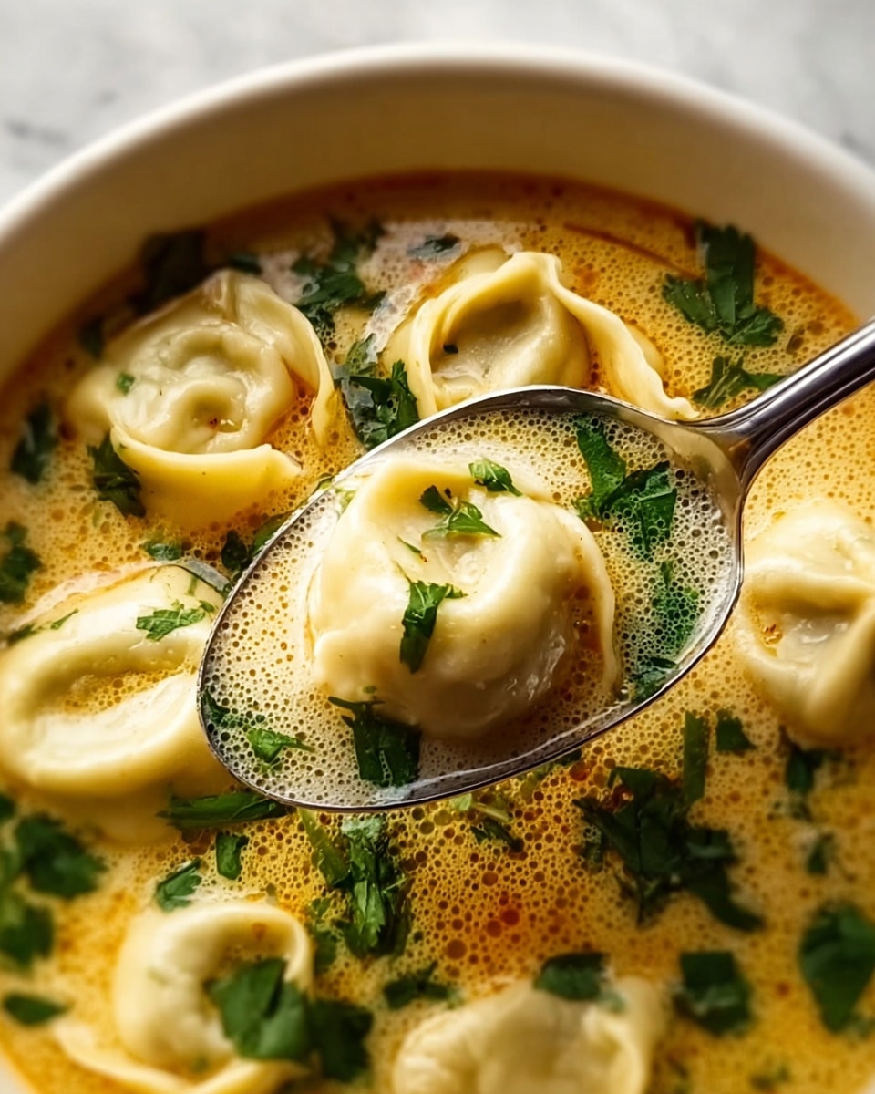 A close-up view of a bowl of creamy soup with several dumplings floating on the surface. The dumplings are light beige with soft, delicate folds, and one dumpling is held by a shiny silver spoon near the center, filled with fresh green herbs inside. The soup is creamy yellow with small orange oil drops spreading across, and fresh green parsley leaves are scattered throughout, adding a fresh contrast. The bowl is white and sits on a white marbled surface. photo taken with an iphone --ar 4:5 --v 7