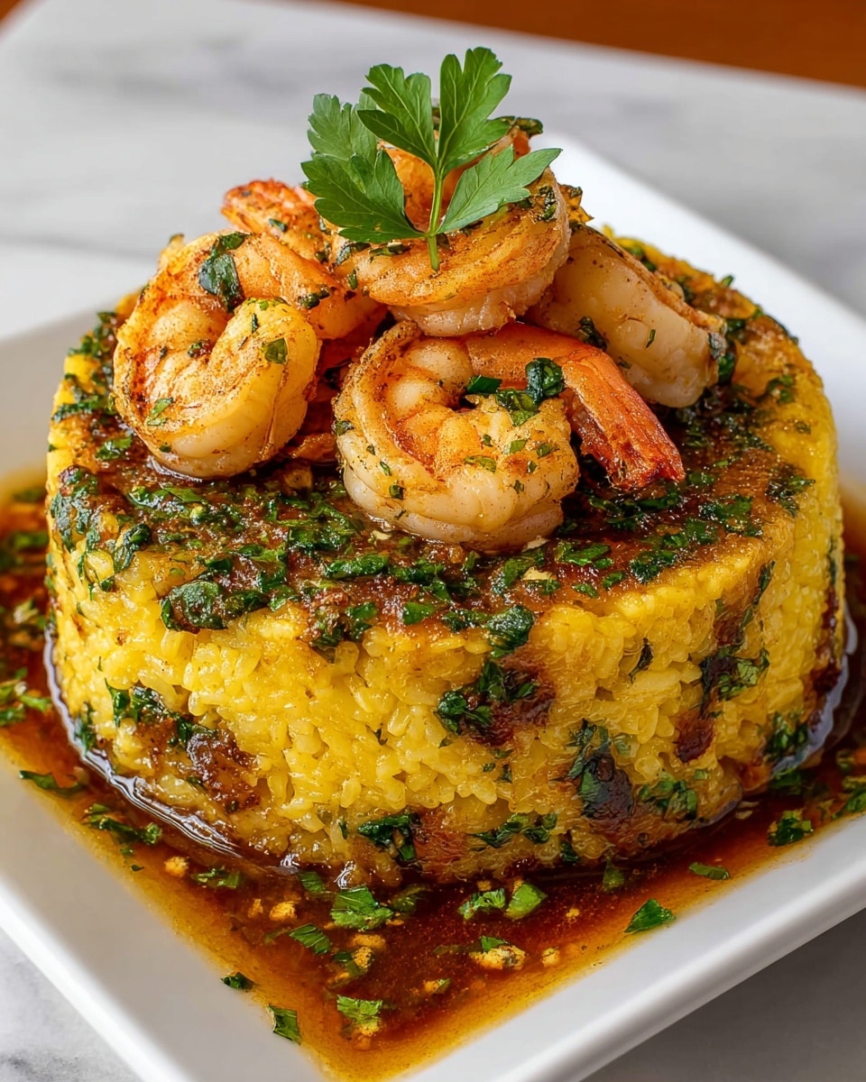 A round, thick yellow base mixed with green herbs sits in the middle of a white plate, topped with several cooked shrimp that are orange and white with green herb bits on them; the base and shrimp are surrounded by a dark reddish-brown sauce with scattered green herbs, and a sprig of fresh green parsley decorates the top center. Photo taken with an iphone --ar 4:5 --v 7