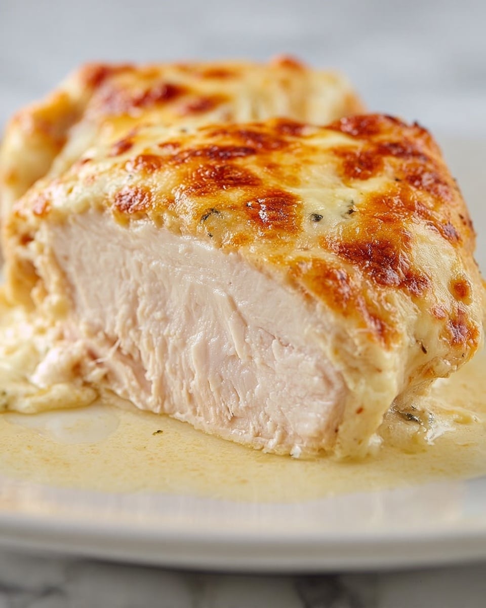 The image shows a close-up of a dish with two thick pieces of chicken covered in a bubbly, melted cheese layer that is golden brown with some darker spots from baking. The cheese layer looks creamy and stretchy, showing a slightly oily sheen. The chicken underneath appears tender with a light golden color partly visible through the cheese. The background is a white marbled texture that softly contrasts with the warm tones of the food. Photo taken with an iphone --ar 4:5 --v 7