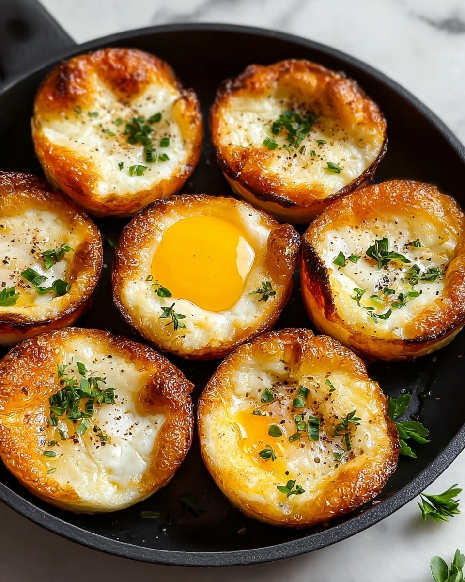 The image shows seven golden brown egg muffins arranged in a black cast iron skillet, placed on a white marbled surface. Each muffin is round and tall with a slightly crispy outer edge that is a deep golden color. The top layer of the muffins varies slightly, with one in the center showing a whole cooked egg with a bright yellow yolk and white surrounding it, sprinkled with small green herb pieces and black pepper. The other muffins have a toasted cheese-like top, textured with browning and small herbs scattered on them. The muffins have a fluffy and smooth interior with a slightly firm crust. The overall look is warm and inviting, perfect for a breakfast dish. Photo taken with an iphone --ar 4:5 --v 7