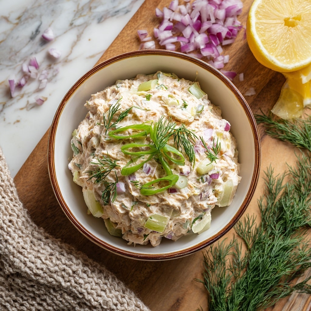 A clear glass bowl filled with a chunky mixture that has a creamy, pale beige base. Mixed throughout are small pieces of light green celery, purplish-red onion bits, and some fresh green herb flecks, creating a textured, speckled look. A white spoon is partially dipped into the mixture on the right side. The bowl is placed on a white marbled surface with a beige textured cloth on the left and some green dill sprigs on the bottom right. photo taken with an iphone --ar 4:5 --v 7