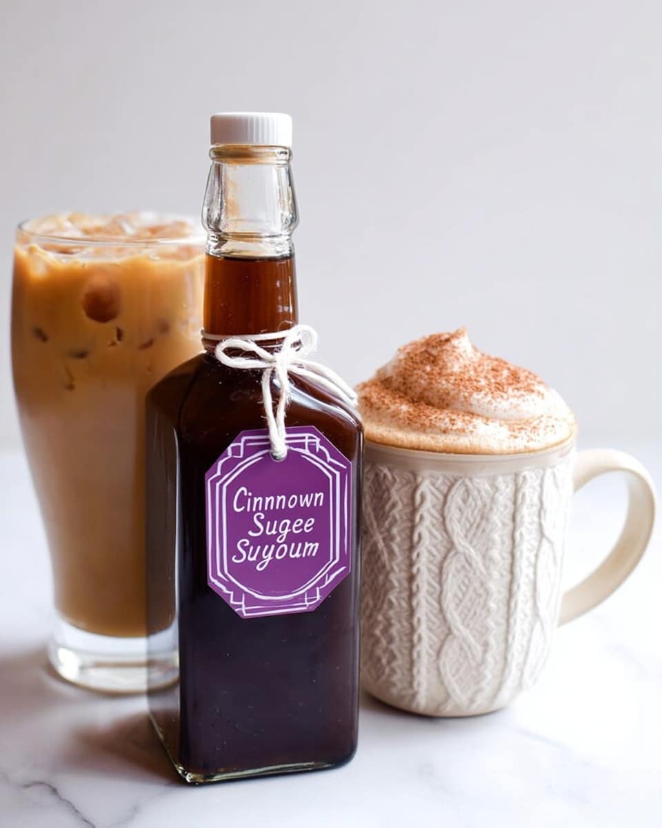 A dark brown square glass bottle filled with cinnamon brown sugar coffee syrup stands in front on a white marbled surface, topped with a black cap and wrapped with white string holding a purple label with white text. Behind it, on the right, there is a white textured mug with a knitted pattern filled with light brown frothy coffee sprinkled with cinnamon on top. On the left, further back, sits a tall glass filled with light beige iced coffee. The background is plain white. photo taken with an iphone --ar 4:5 --v 7