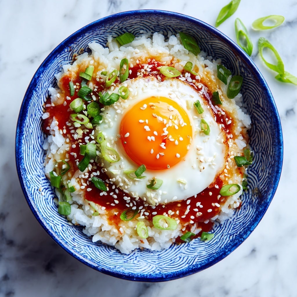 A blue patterned bowl holds a dish with three visible layers. The bottom layer is white rice mixed with a reddish sauce that gives it a slightly glossy look. On top of the rice, there is a fried egg with a bright orange yolk in the center, surrounded by cooked white edges that are slightly crispy and golden brown. Scattered green pieces of chopped scallions and white sesame seeds rest both on the egg and rice, adding fresh and crunchy texture. The bowl sits on a white marbled surface, and a few green scallion pieces are placed nearby. Photo taken with an iphone --ar 4:5 --v 7
