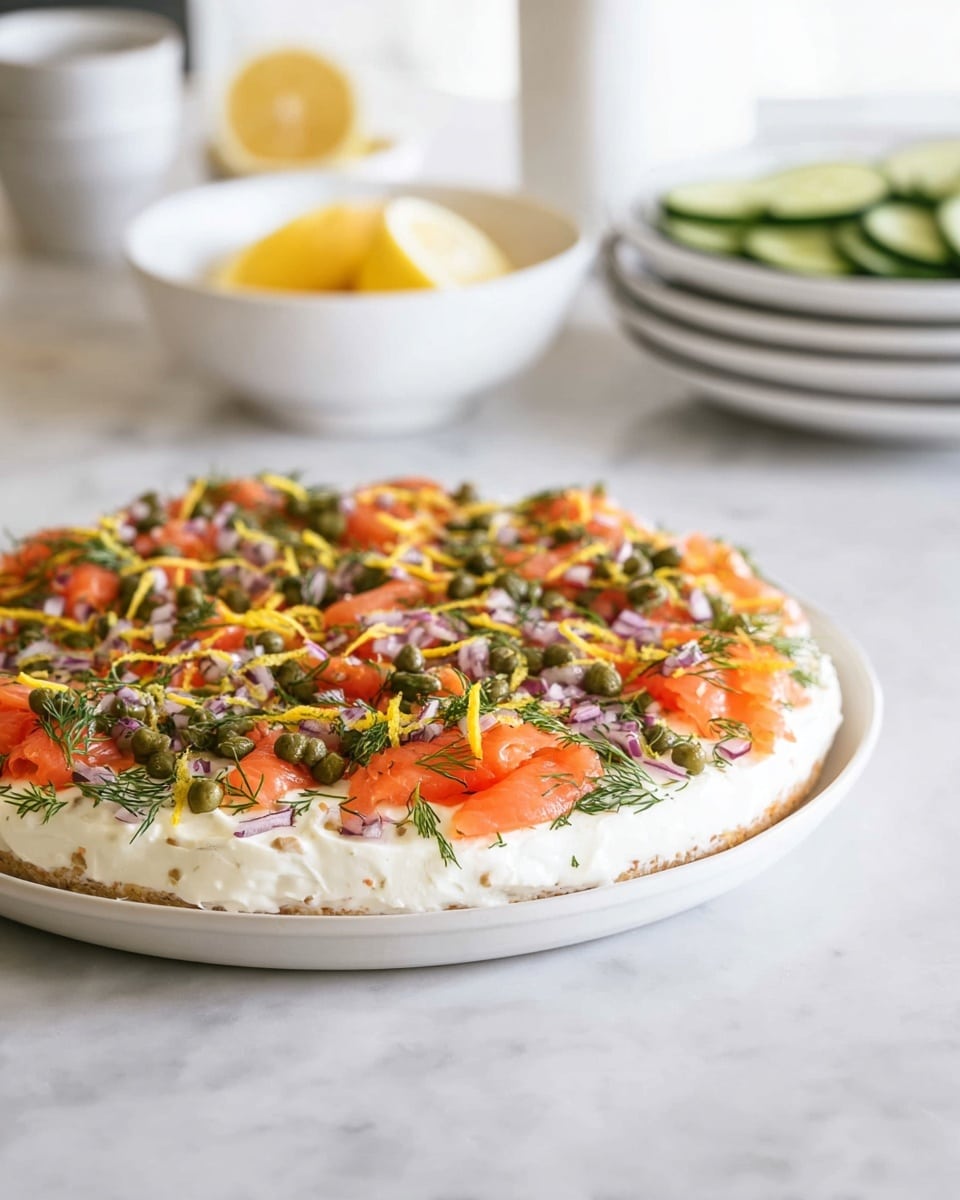 A round white plate holds a flat dish with three visible layers: a smooth white base spread evenly, topped with scattered thin slices of bright orange salmon, finely chopped purple onion pieces, and small green capers. Thin yellow lemon zest strips and green dill sprigs are sprinkled across the top, adding color and texture. Around the plate, there are three white bowls—one filled with small round toasted bread slices, another with lemon wedges, and the third with sliced green cucumbers. Everything is set on a white marbled surface with a white towel featuring blue lines on the left side. Photo taken with an iphone --ar 4:5 --v 7